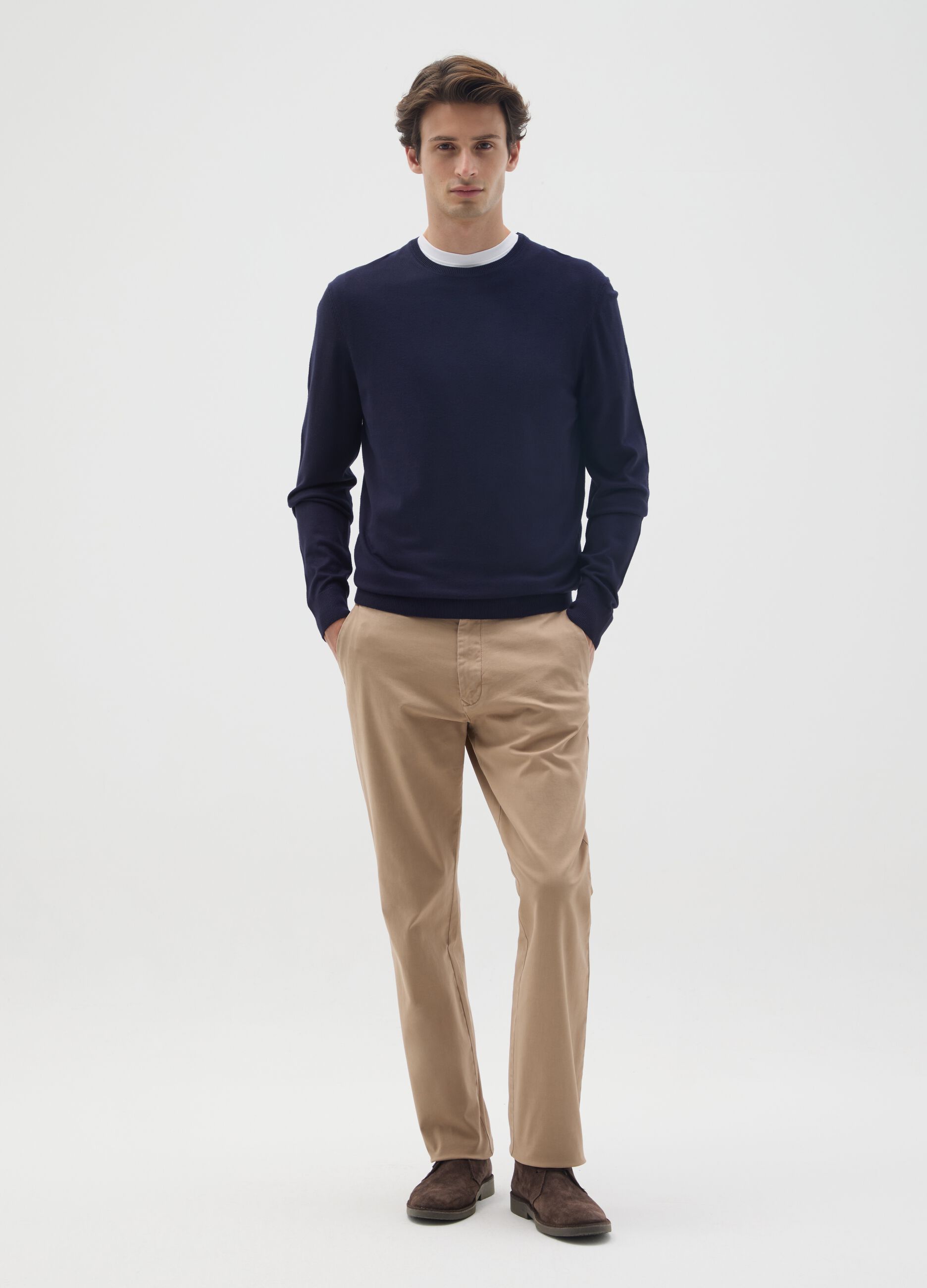 Beige Stretch Cotton Regular Fit Trousers