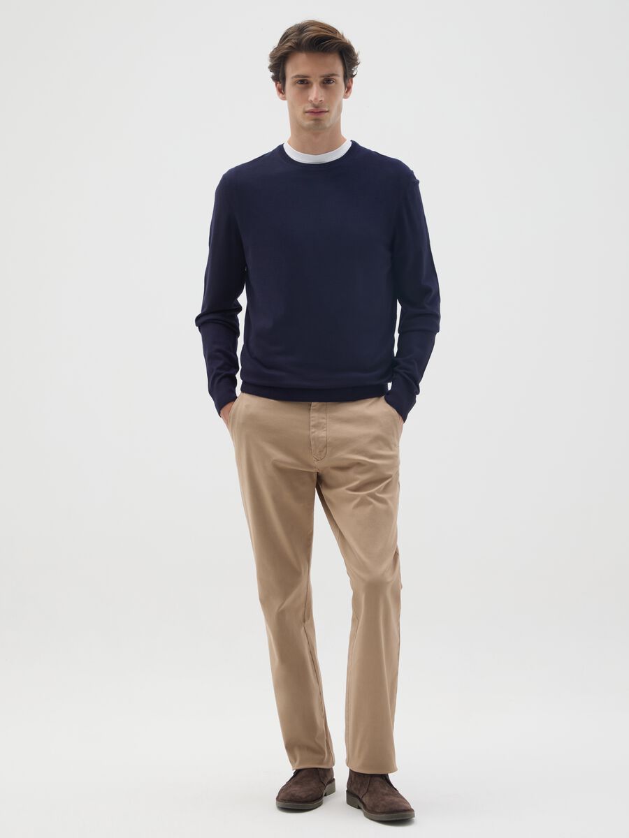Beige Stretch Cotton Regular Fit Trousers_0