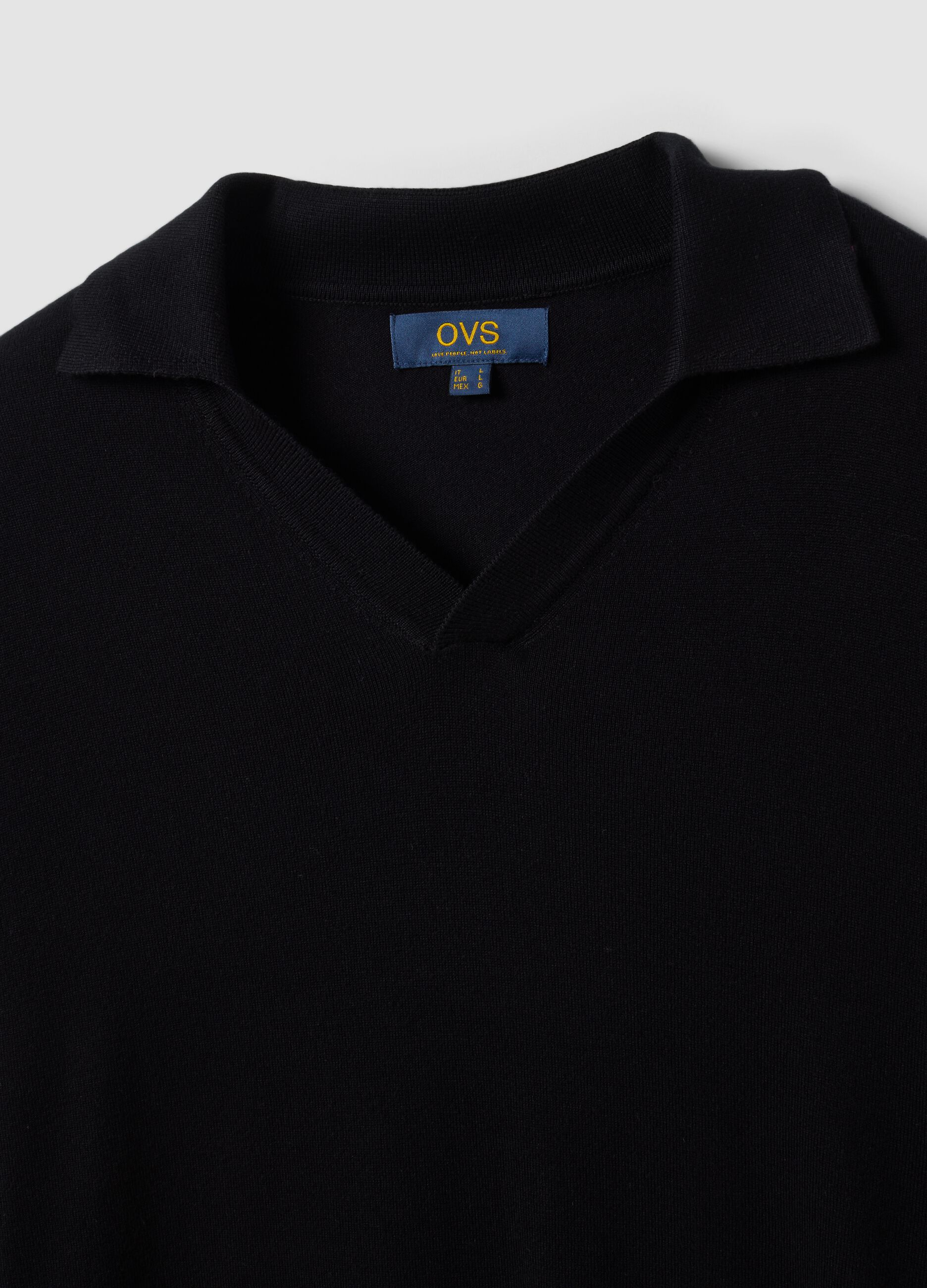 Black viscose-blend V-neck polo shirt, regular fit