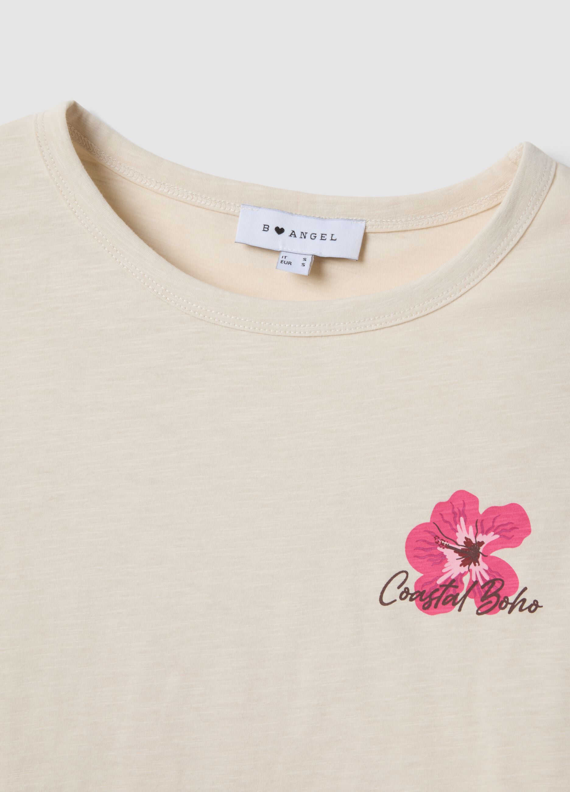 Beige pure cotton relaxed-fit T-shirt with floral print