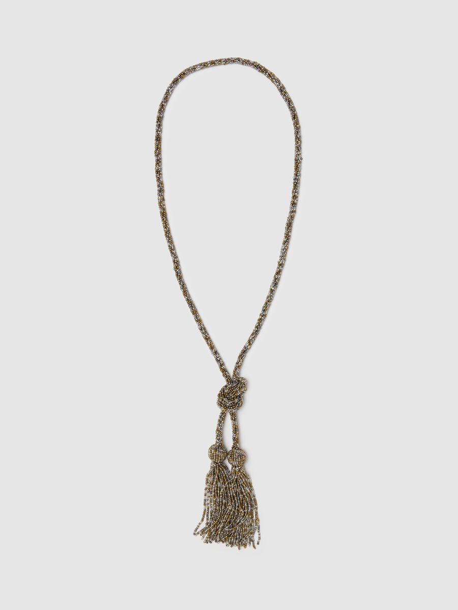 Long grey and gold necklace with beads and tassels_0