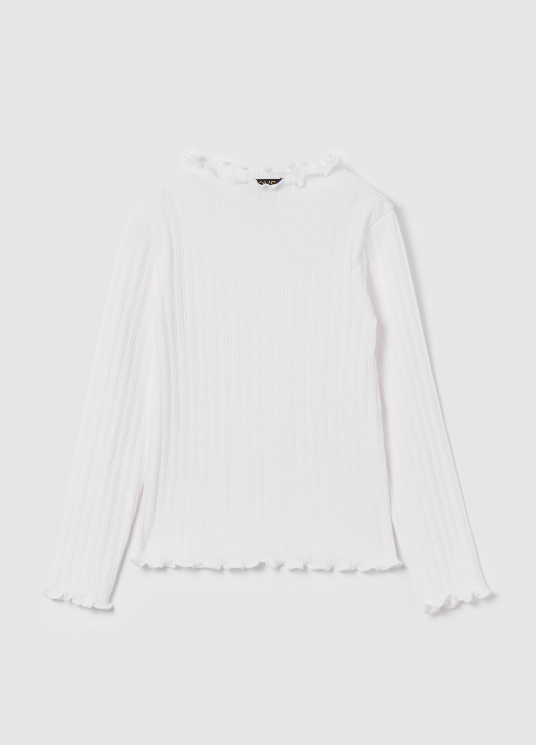 Long-sleeved ribbed T-shirt with wavy edging