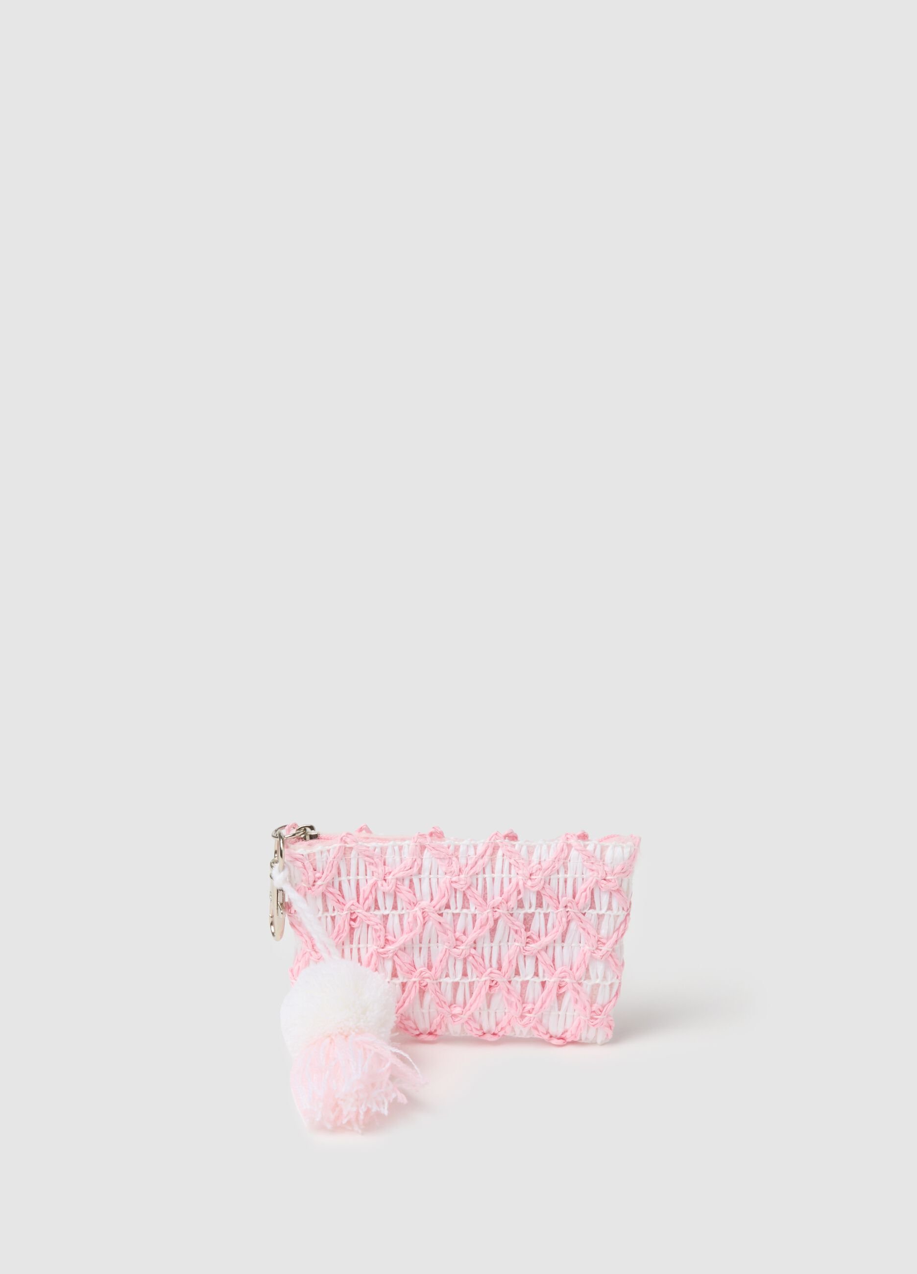 Mini pouch in pink and white raffia