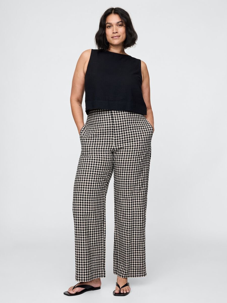 Brown and black check trousers in linen and viscose_4
