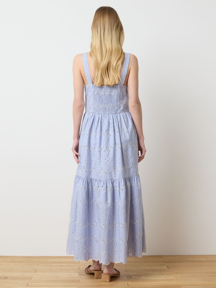 Women's long blue pure cotton dress with wide fit and ruffles_2