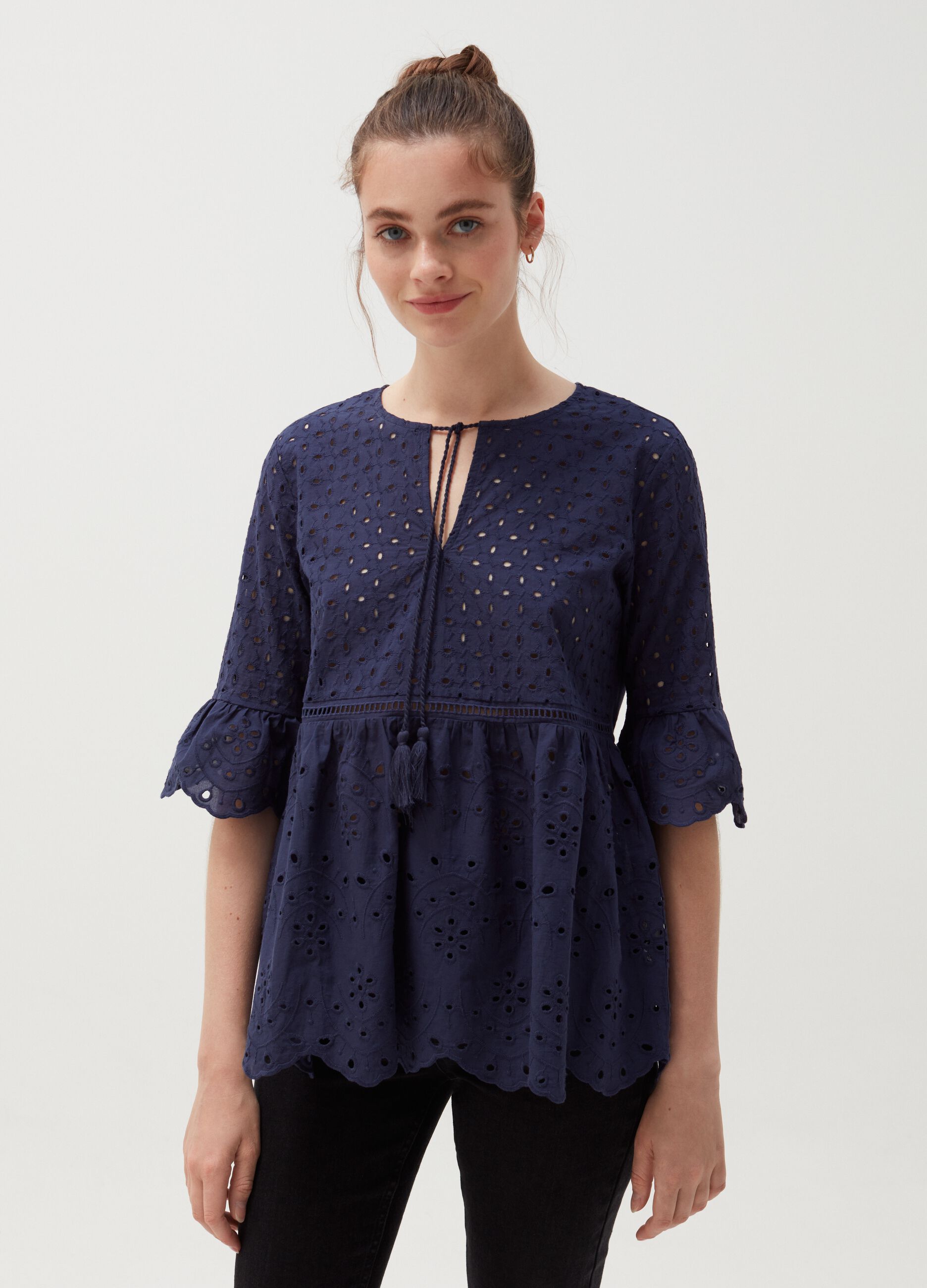 Broderie anglaise lace blouse with tassels