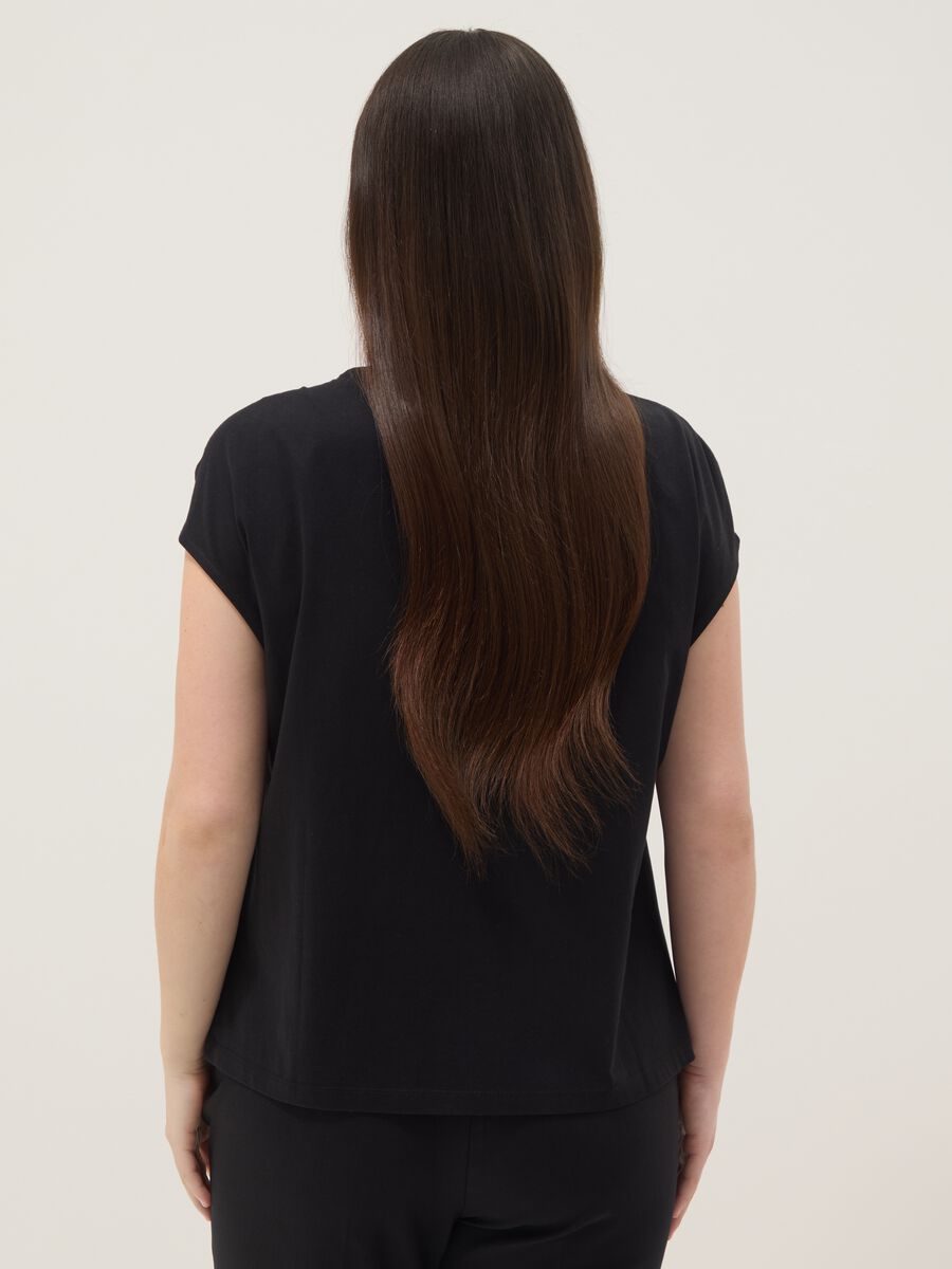 Black pure cotton T-shirt with draping and brooch_3