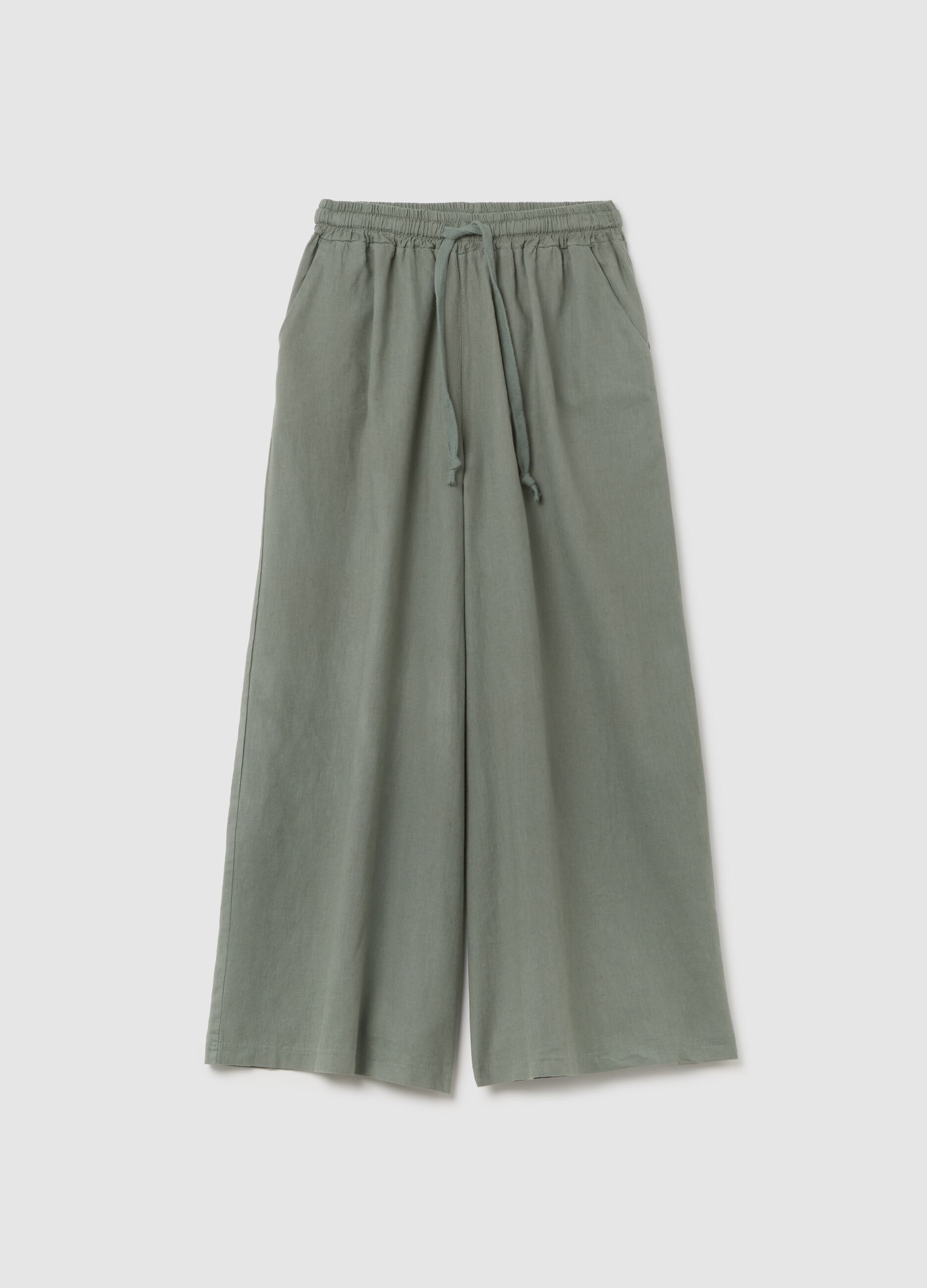 Women's green regular fit palazzo trousers in cotton and linen blend