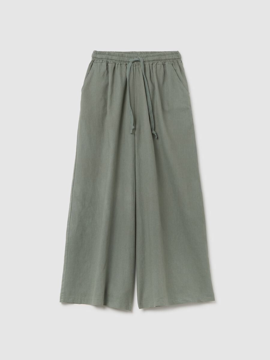 Women's green regular fit palazzo trousers in cotton and linen blend_4