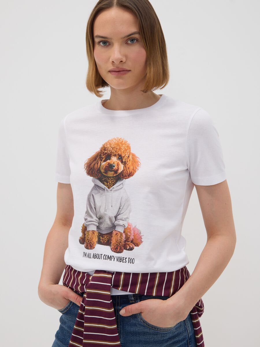 White pure cotton jersey T-shirt with dog print, regular fit_0