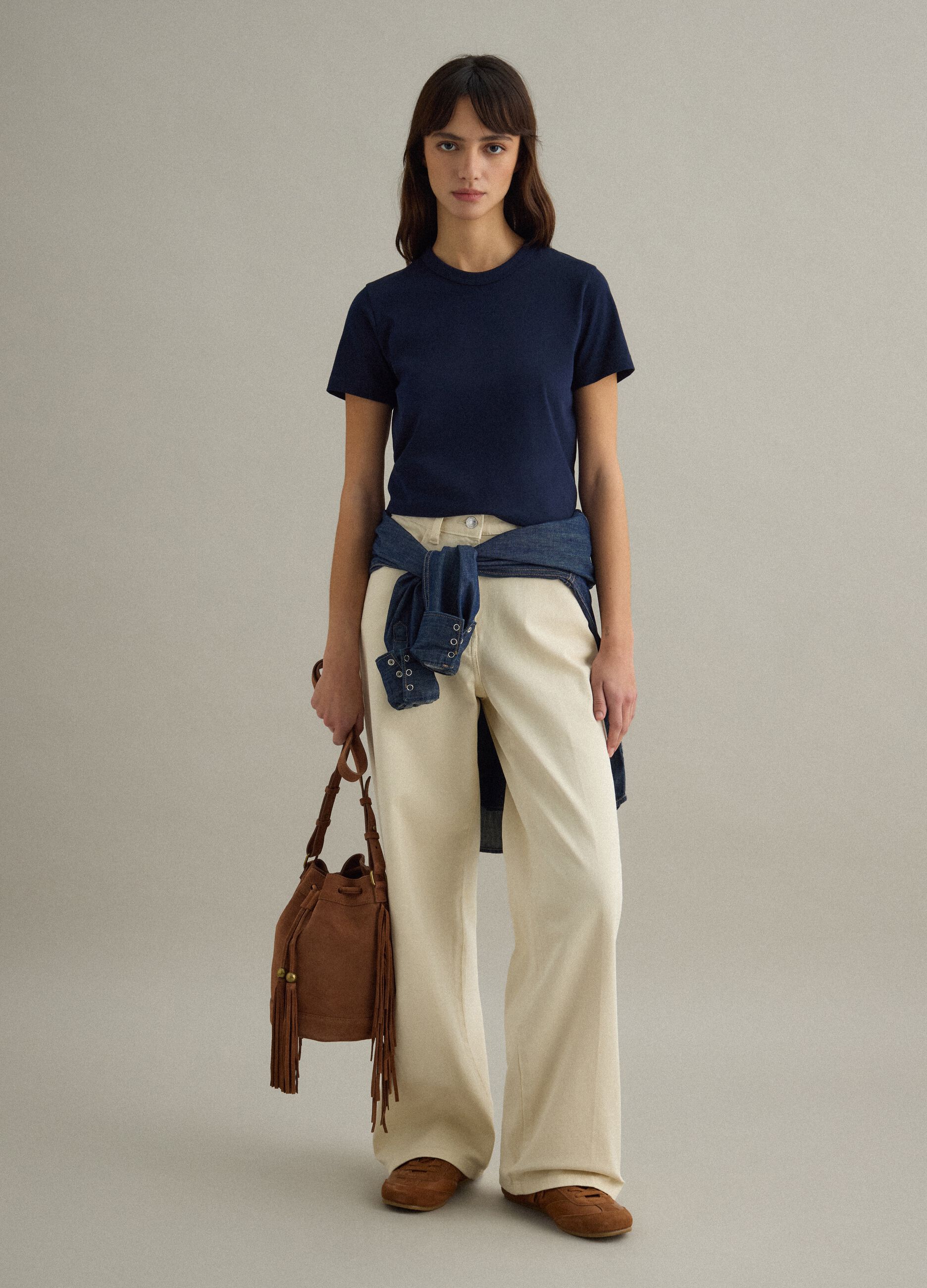 Straight Beige Stretch Cotton Chino Trousers