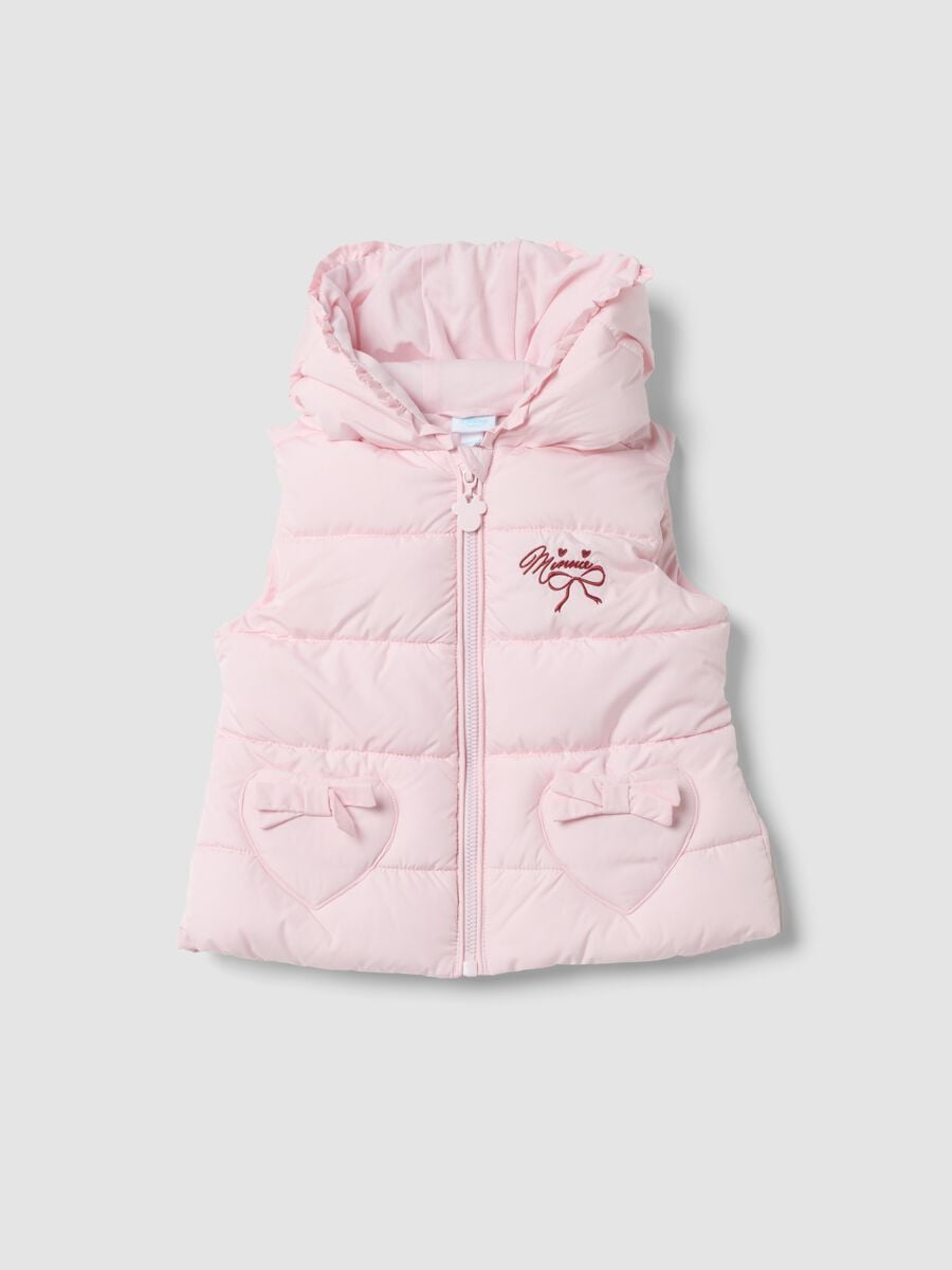 Pink padded gilet with hood, heart pockets and Minnie embroidery_0