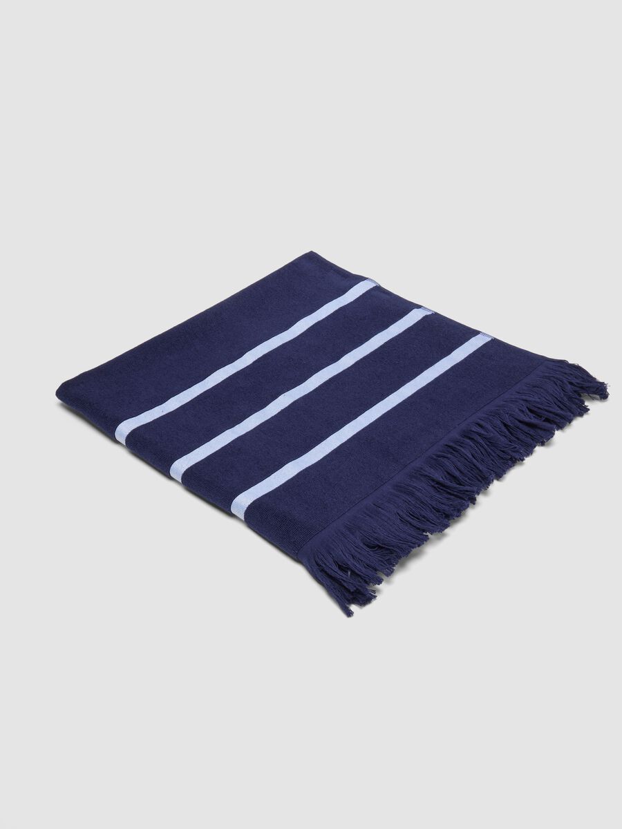 Telo mare blu in misto cotone con frange_0