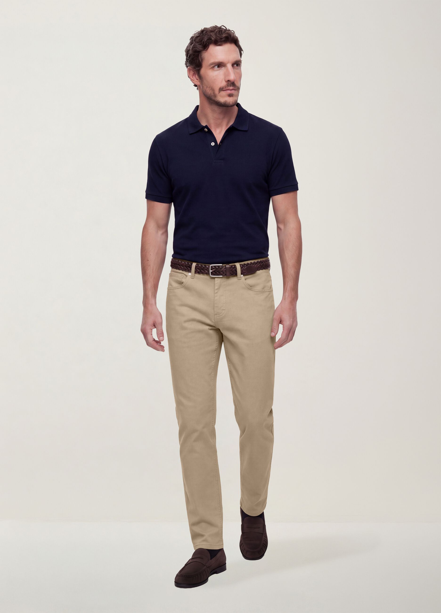 Beige regular-fit stretch cotton twill trousers