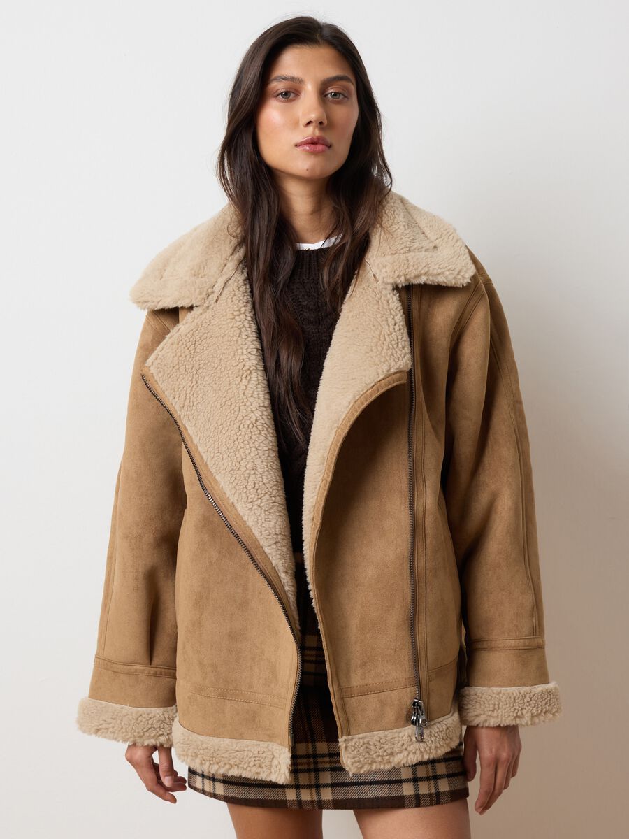 Brown jacket in synthetic shearling fabric_0