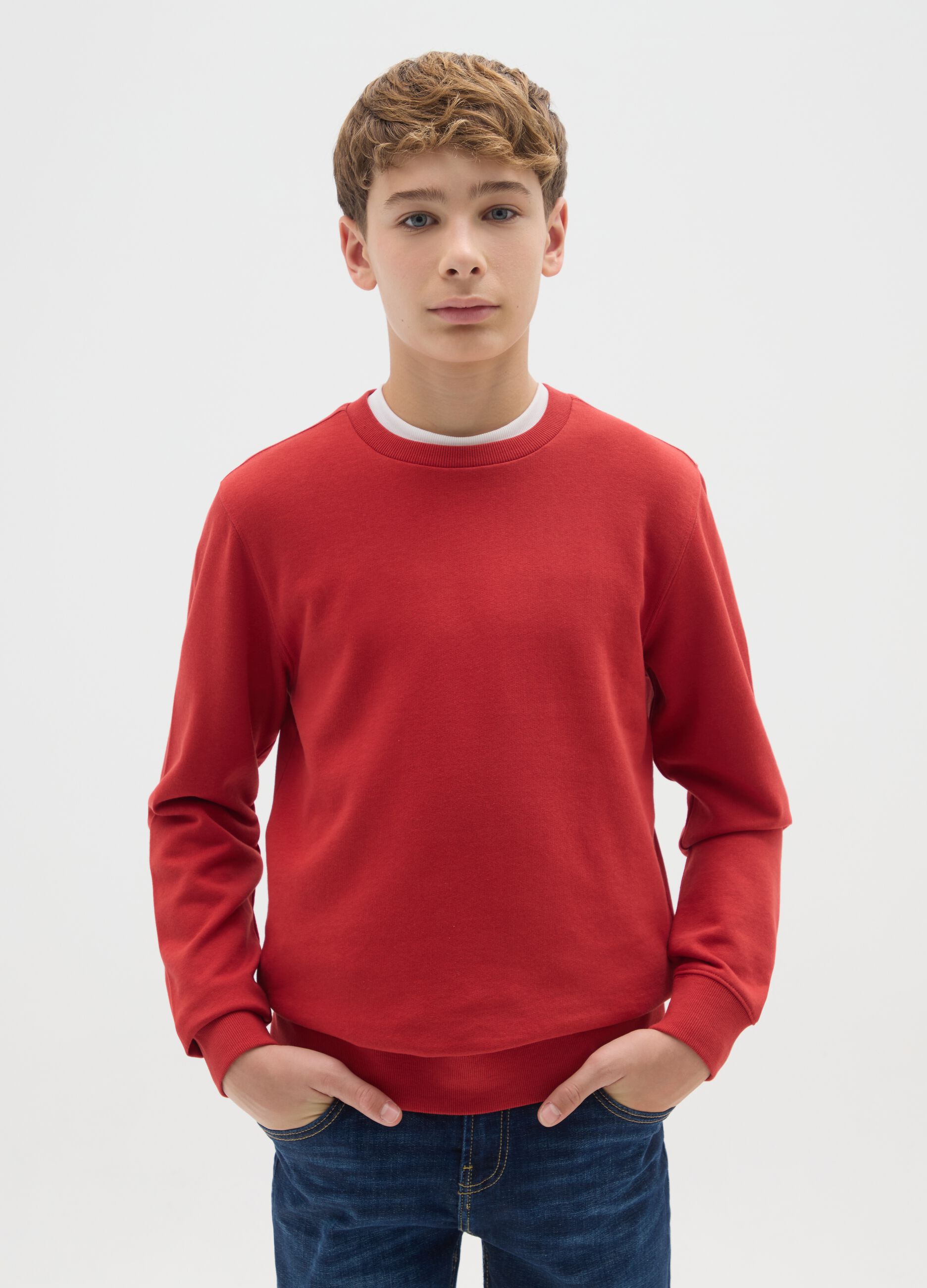 Boy's Red Cotton Crew Neck Sweatshirt in Regular Fit