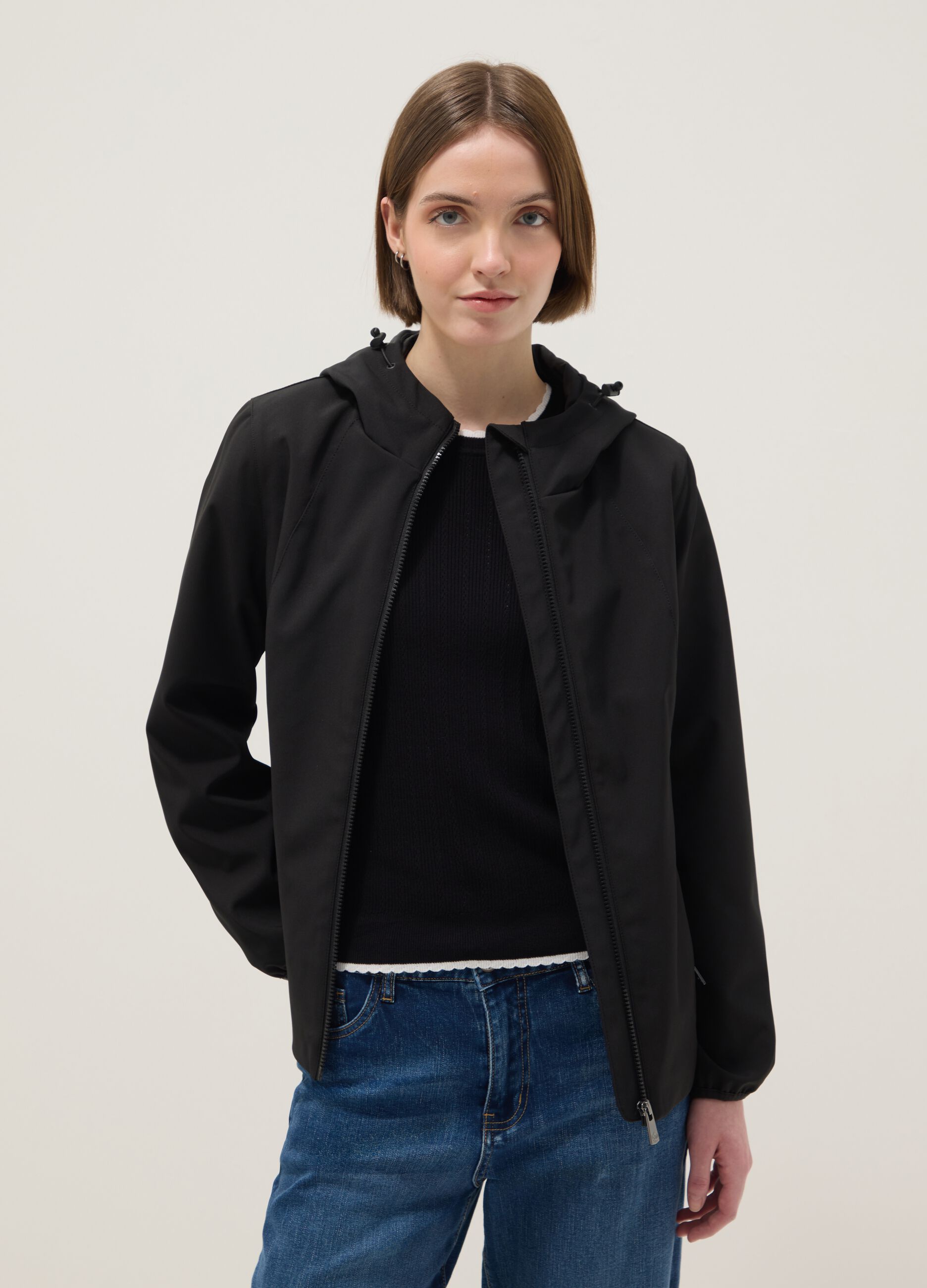 Black regular fit waterproof jacket with zip and hood