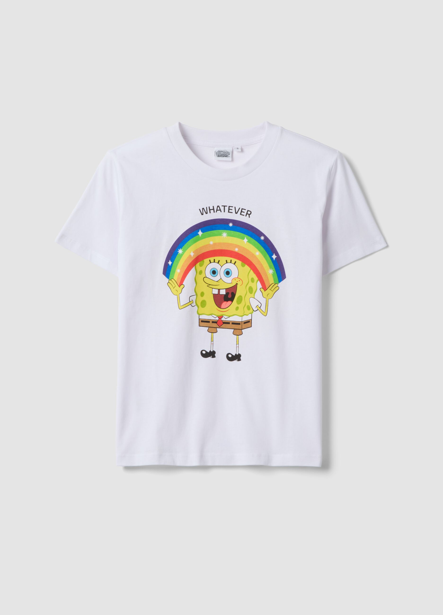 White pure cotton regular fit T-shirt with SpongeBob print