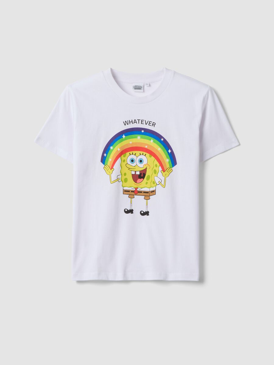 White pure cotton regular fit T-shirt with SpongeBob print_0