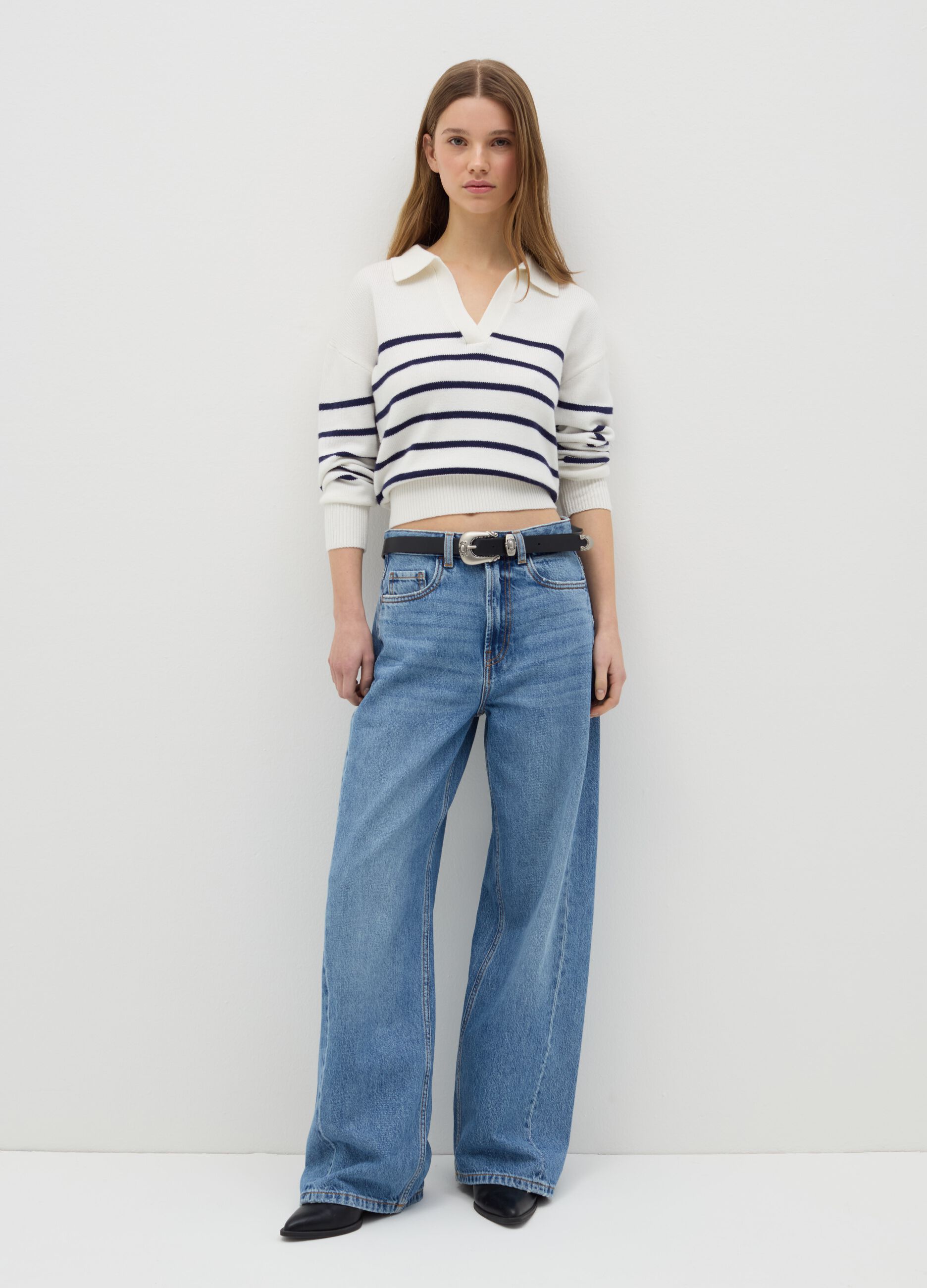 Top with blue and white stripes and polo neck