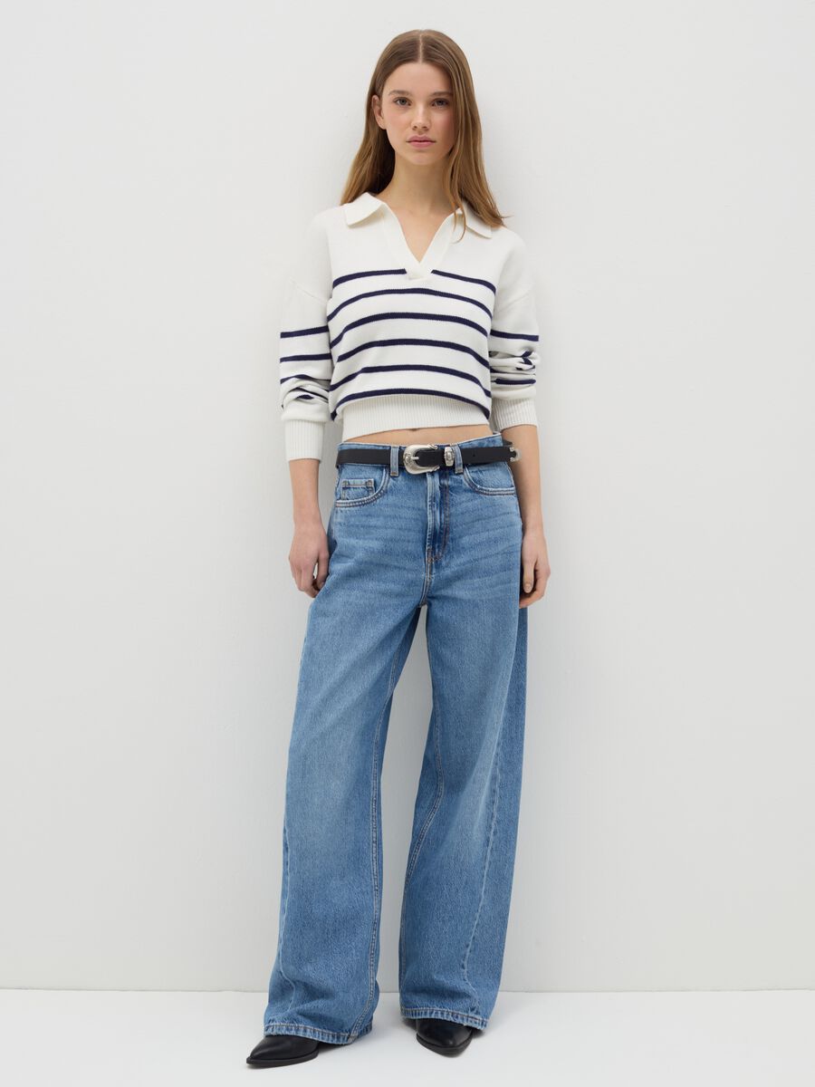 Top with blue and white stripes and polo neck_1