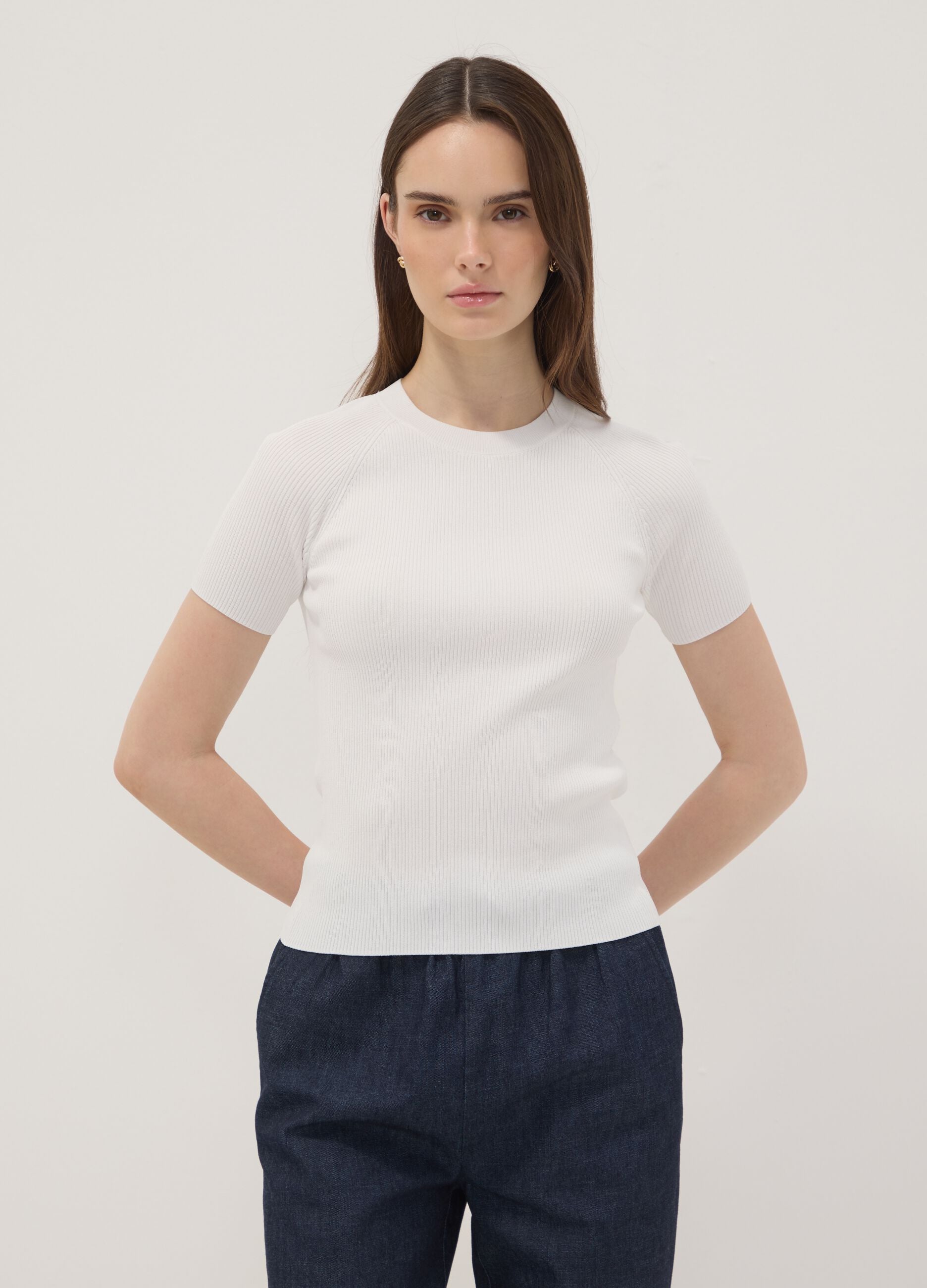 White ribbed fitted viscose-blend knit top