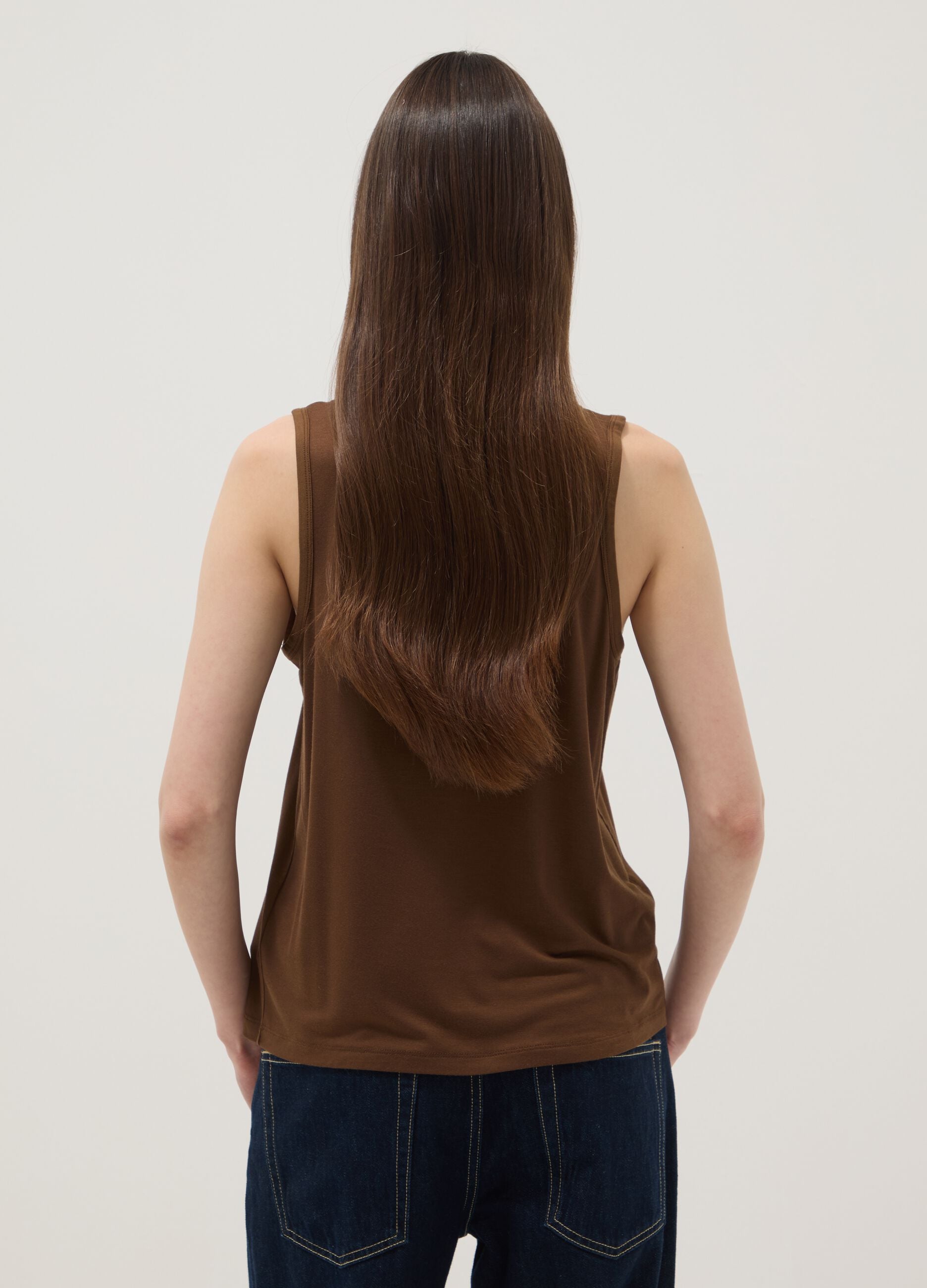 Brown stretch viscose tank top, regular fit