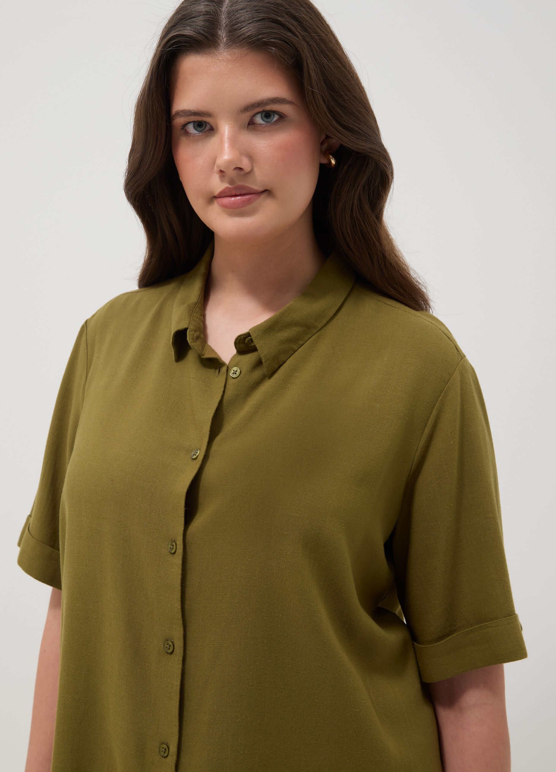 Green viscose-linen blend shirt, regular fit