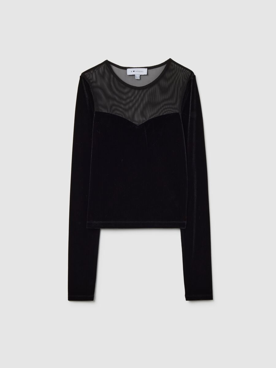 Black long-sleeve regular fit top with sheer details_0