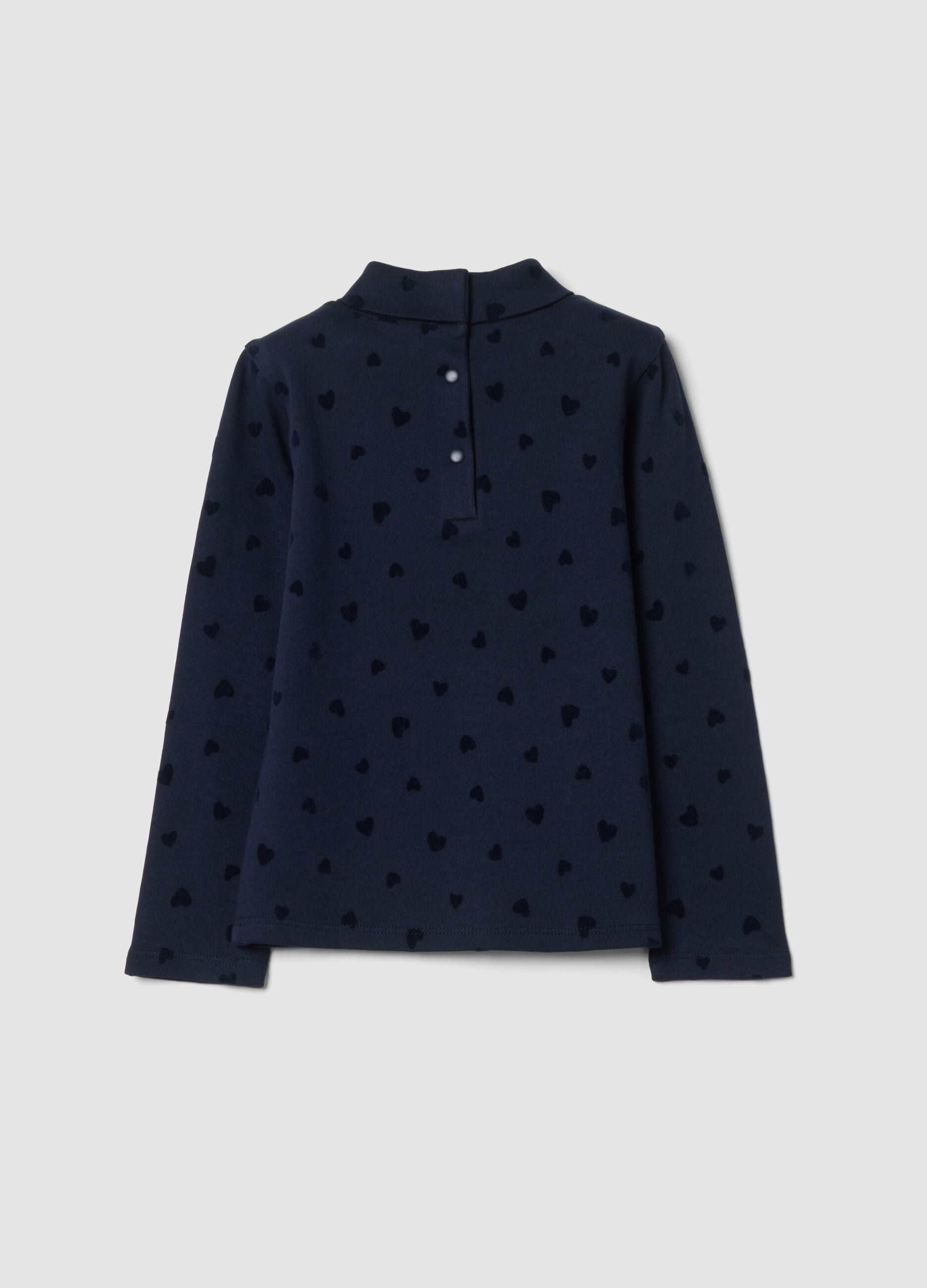 Maglia blu notte dolcevita in puro cotone a cuori