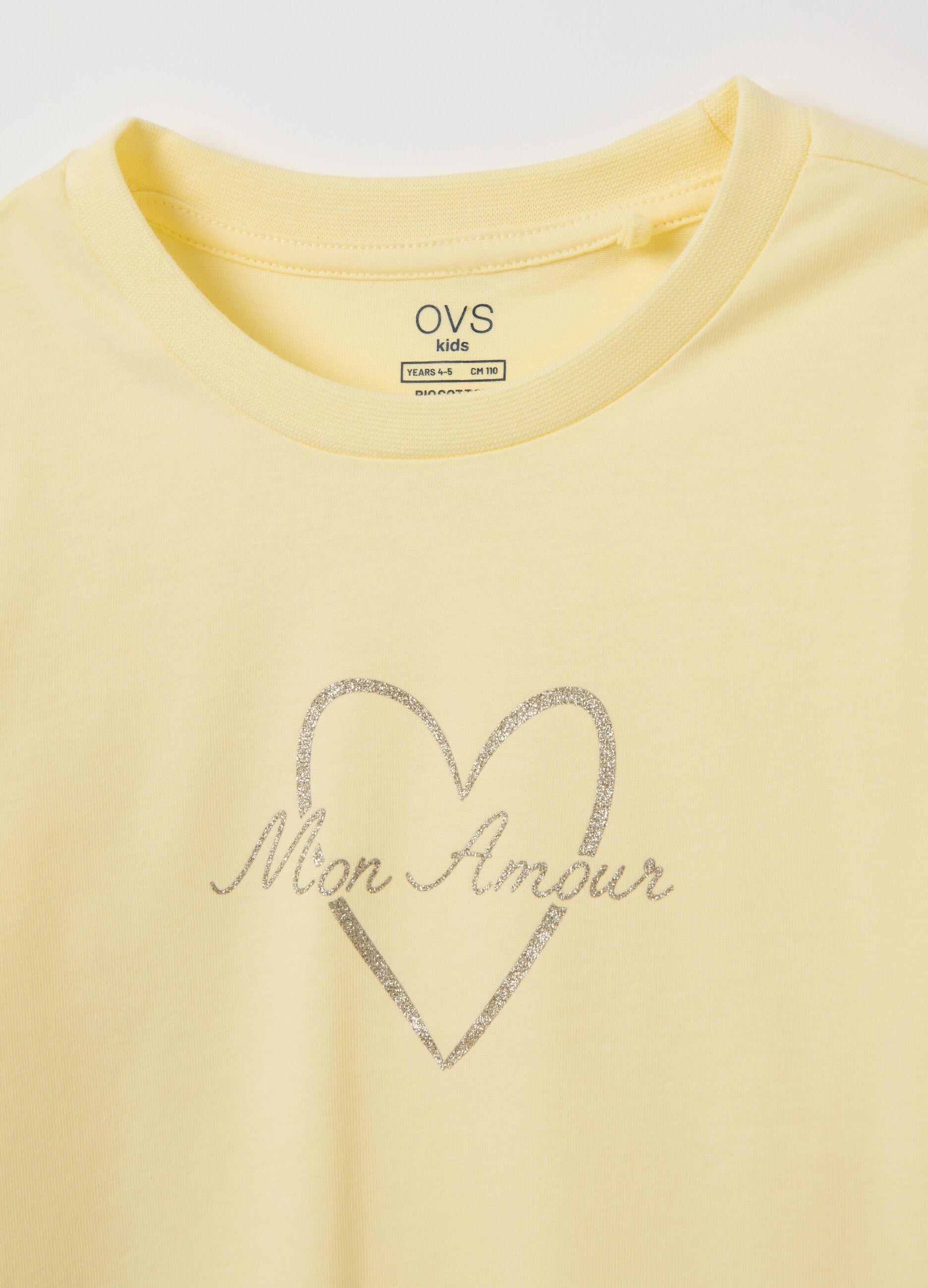 Girls' yellow pure cotton T-shirt with glitter