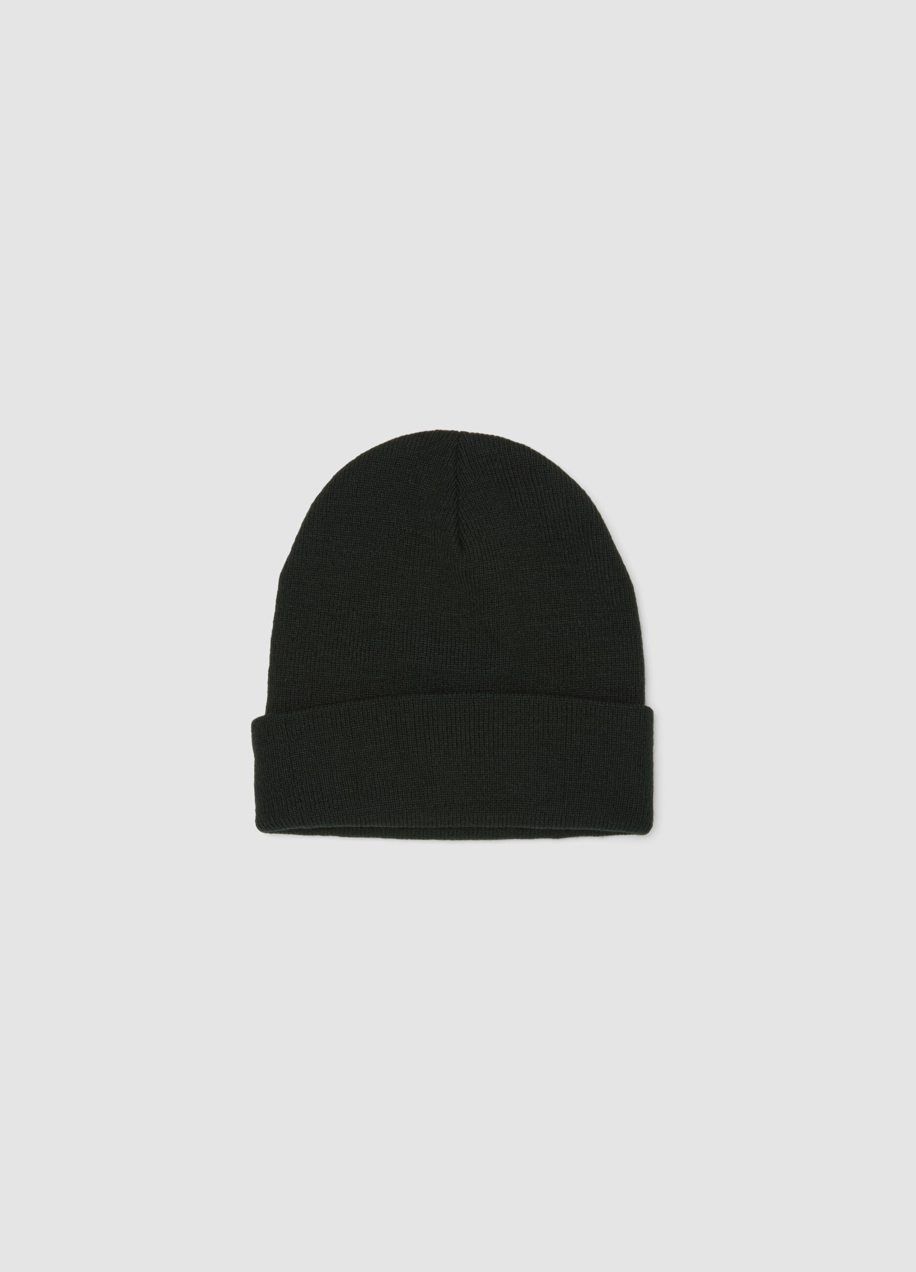 Black jersey knit beanie with turn-up cuff