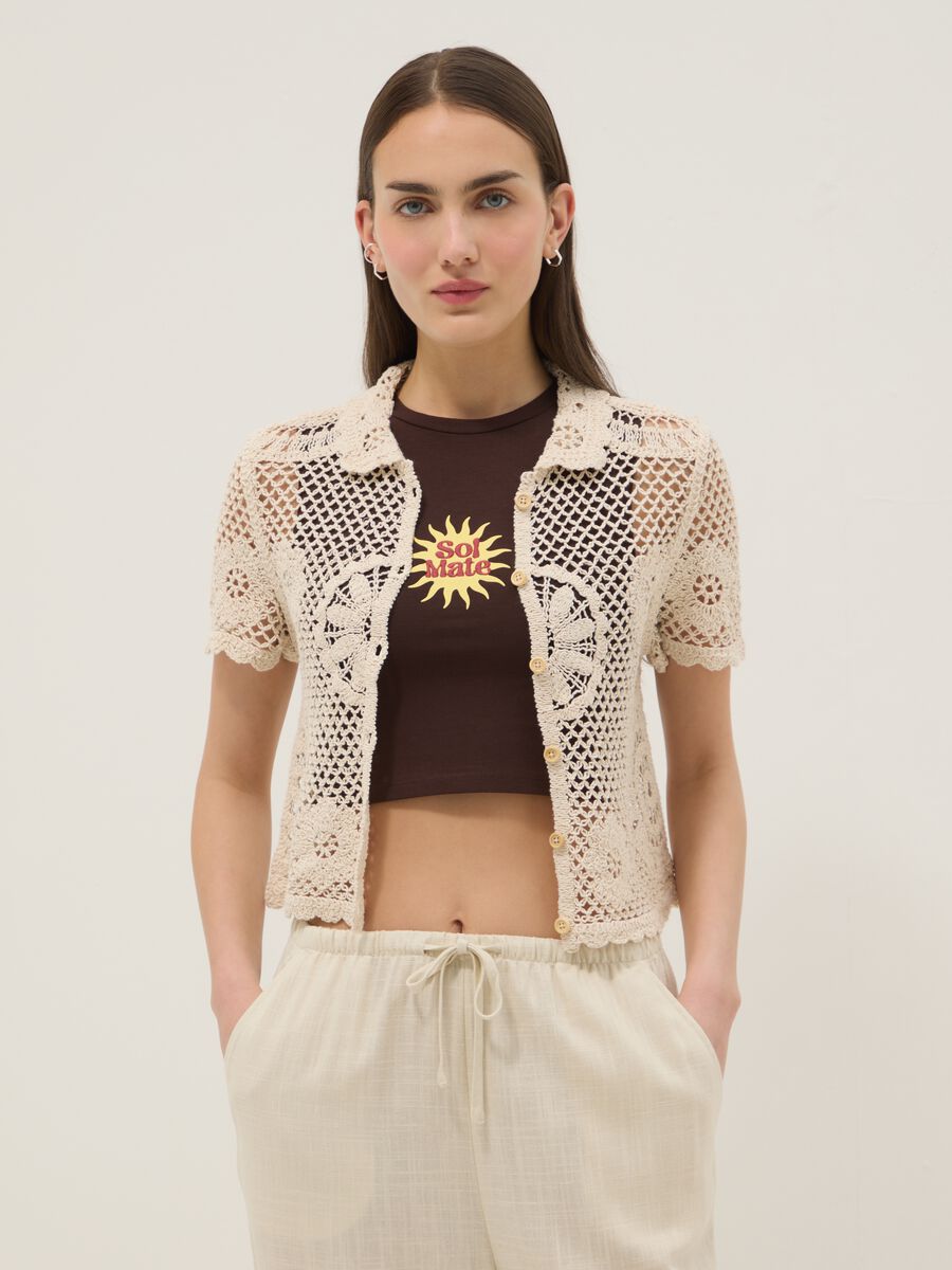 Camicia in misto cotone beige regular fit con lavorazione a maglia_1