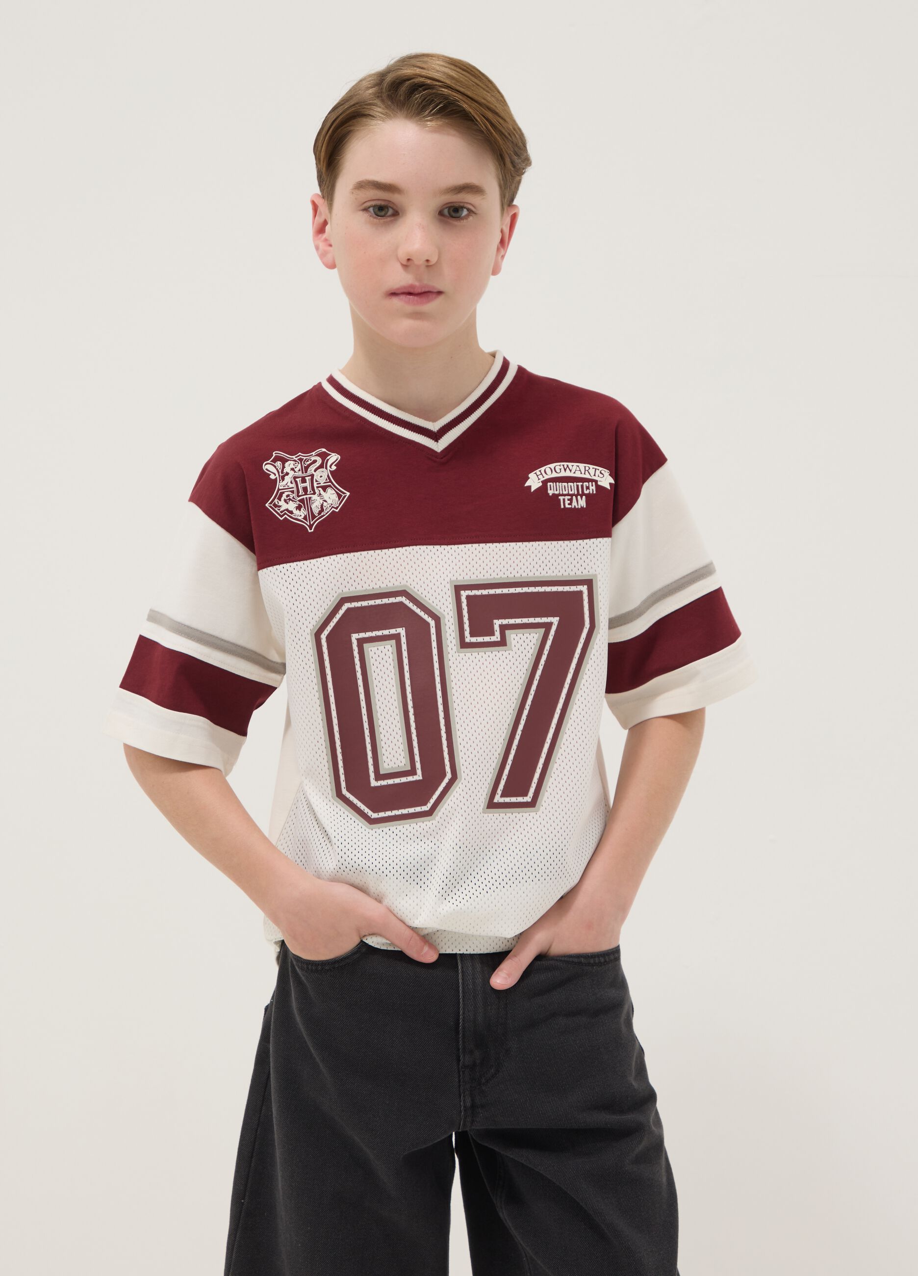 White pure cotton T-shirt with contrast panels
