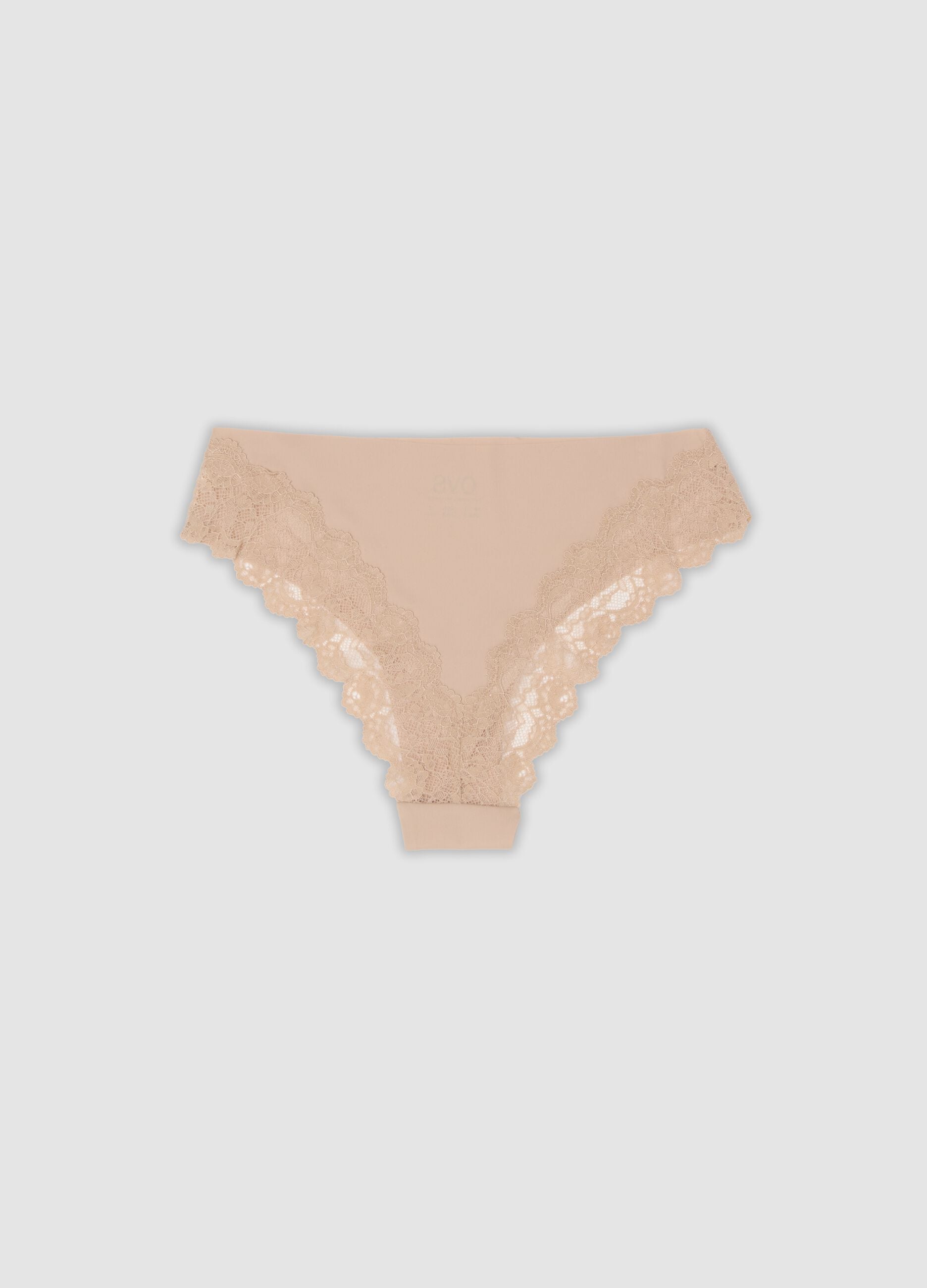 Beige stretch microfibre briefs with lace