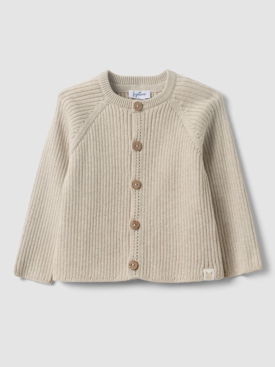 Cardigan beige in puro cotone organico a costine per neonata_0