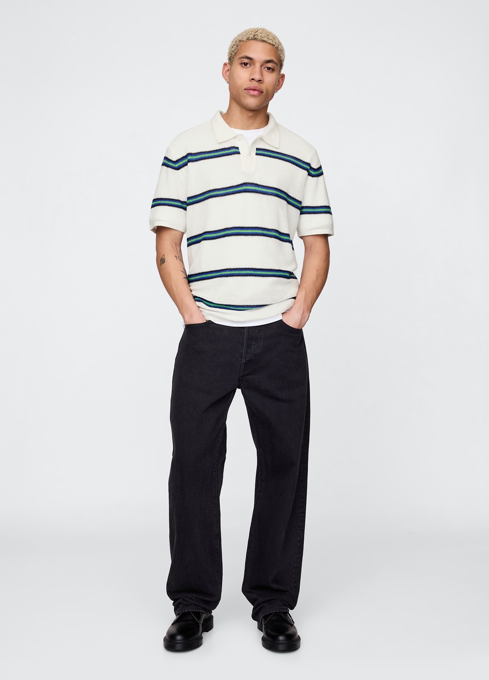 OVS White Striped Short Sleeve Polo