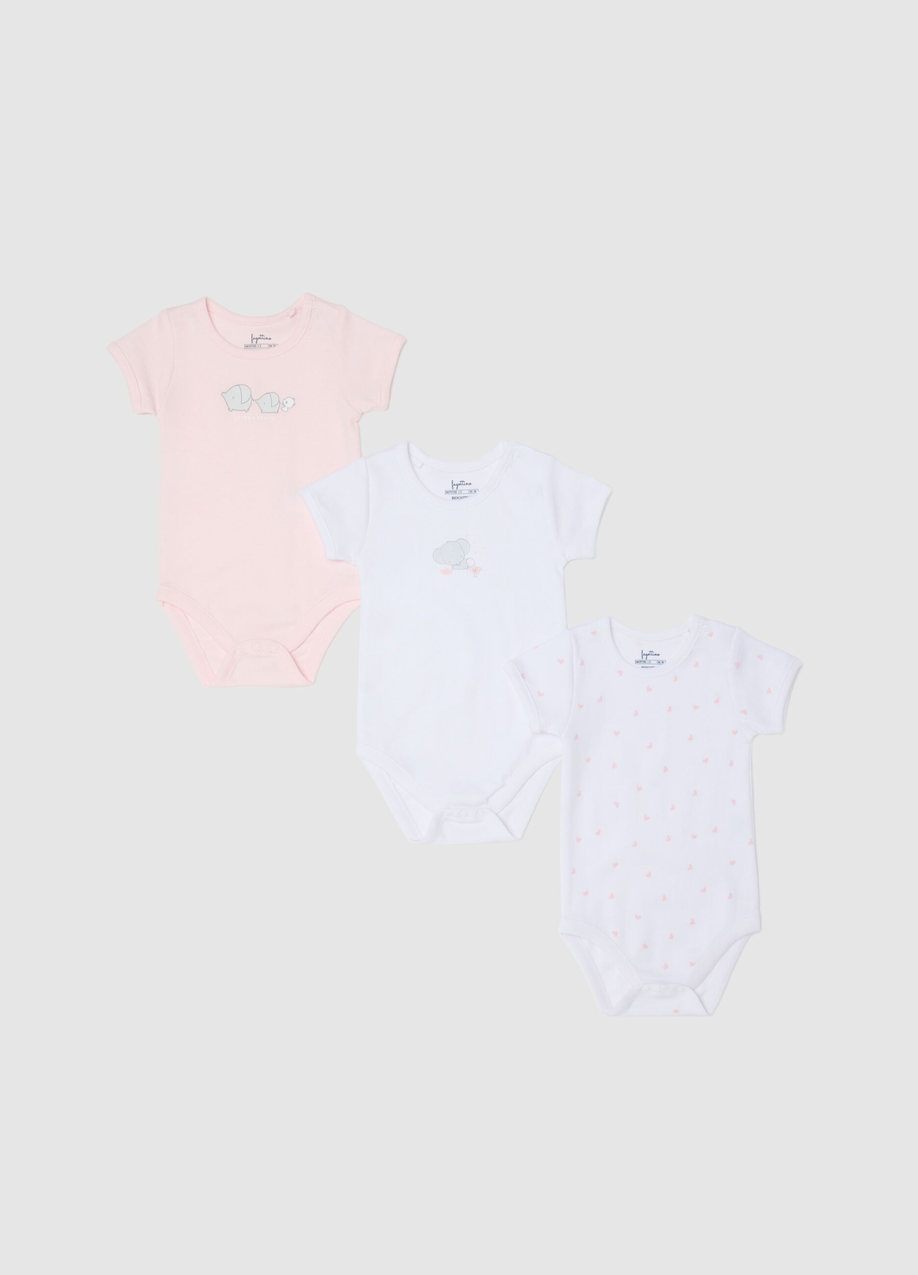 Three-pack white and pink bodysuits in organic cotton with print