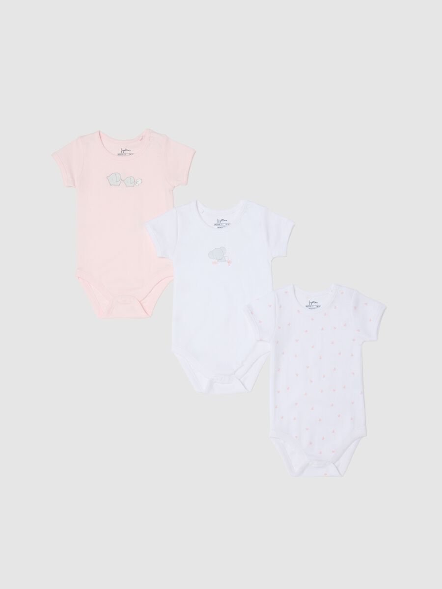Three-pack white and pink bodysuits in organic cotton with print_0