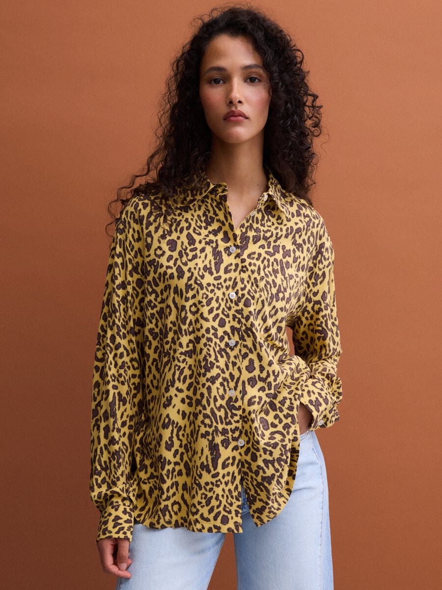 Yellow pure viscose animal-print shirt, regular fit_0