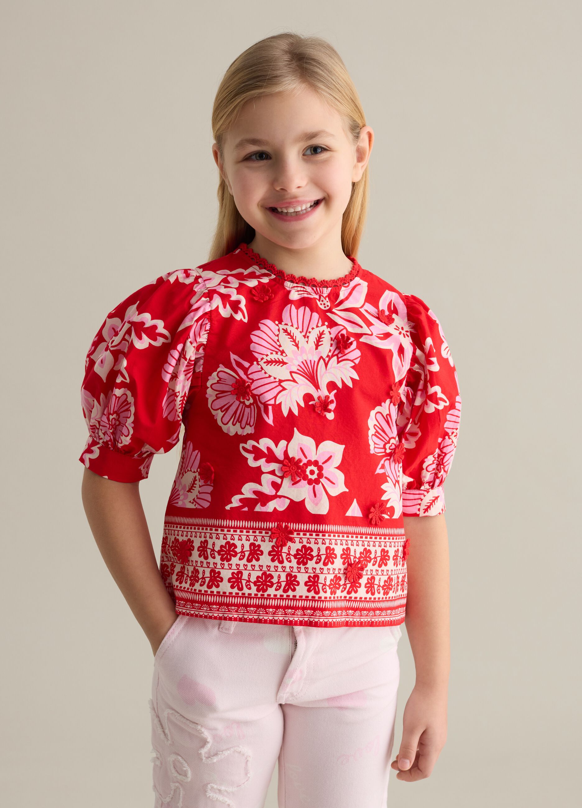 Blouse with floral pattern and broderie anglaise details