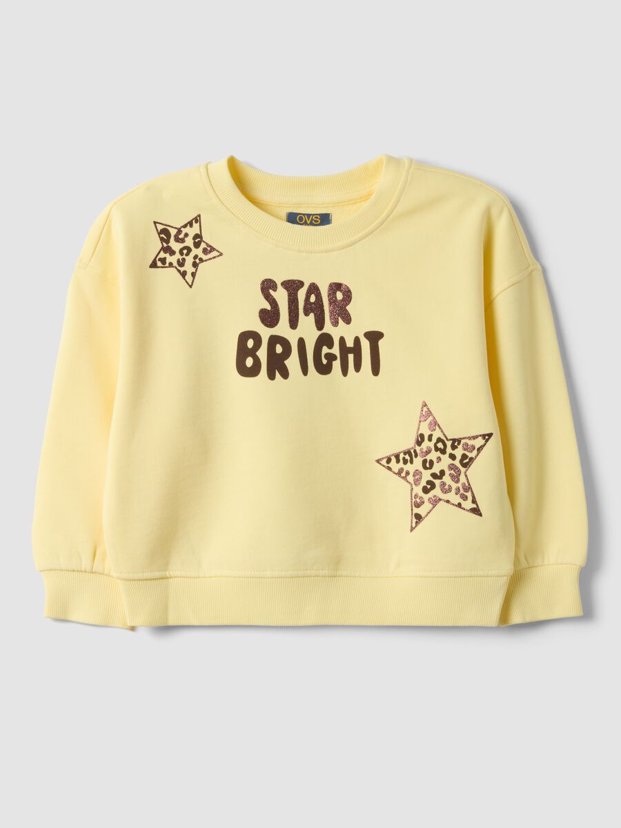 Felpa gialla in puro cotone con girocollo e stampa stelle_0