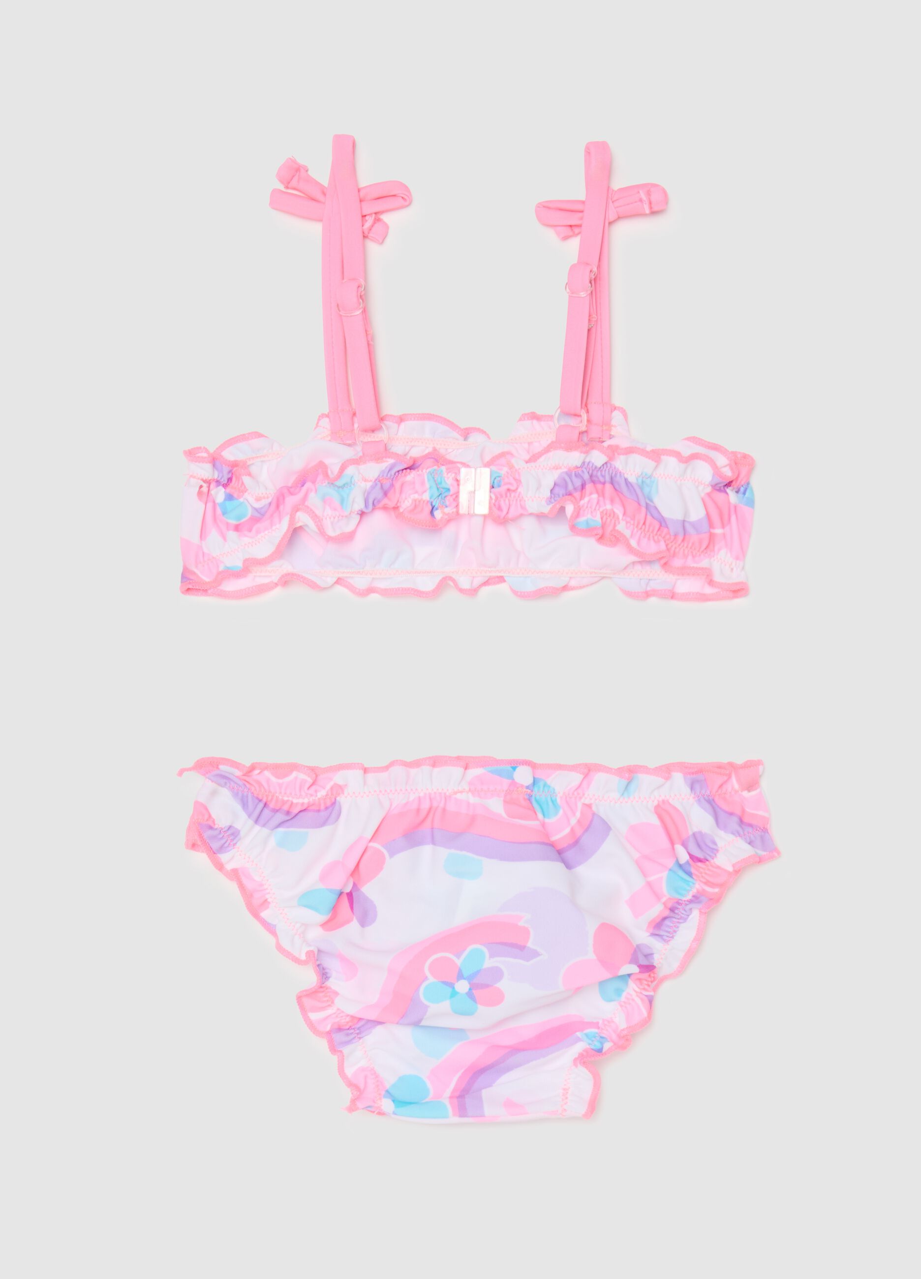 Girls' bikini in multicoloured stretch fabric with floral pattern