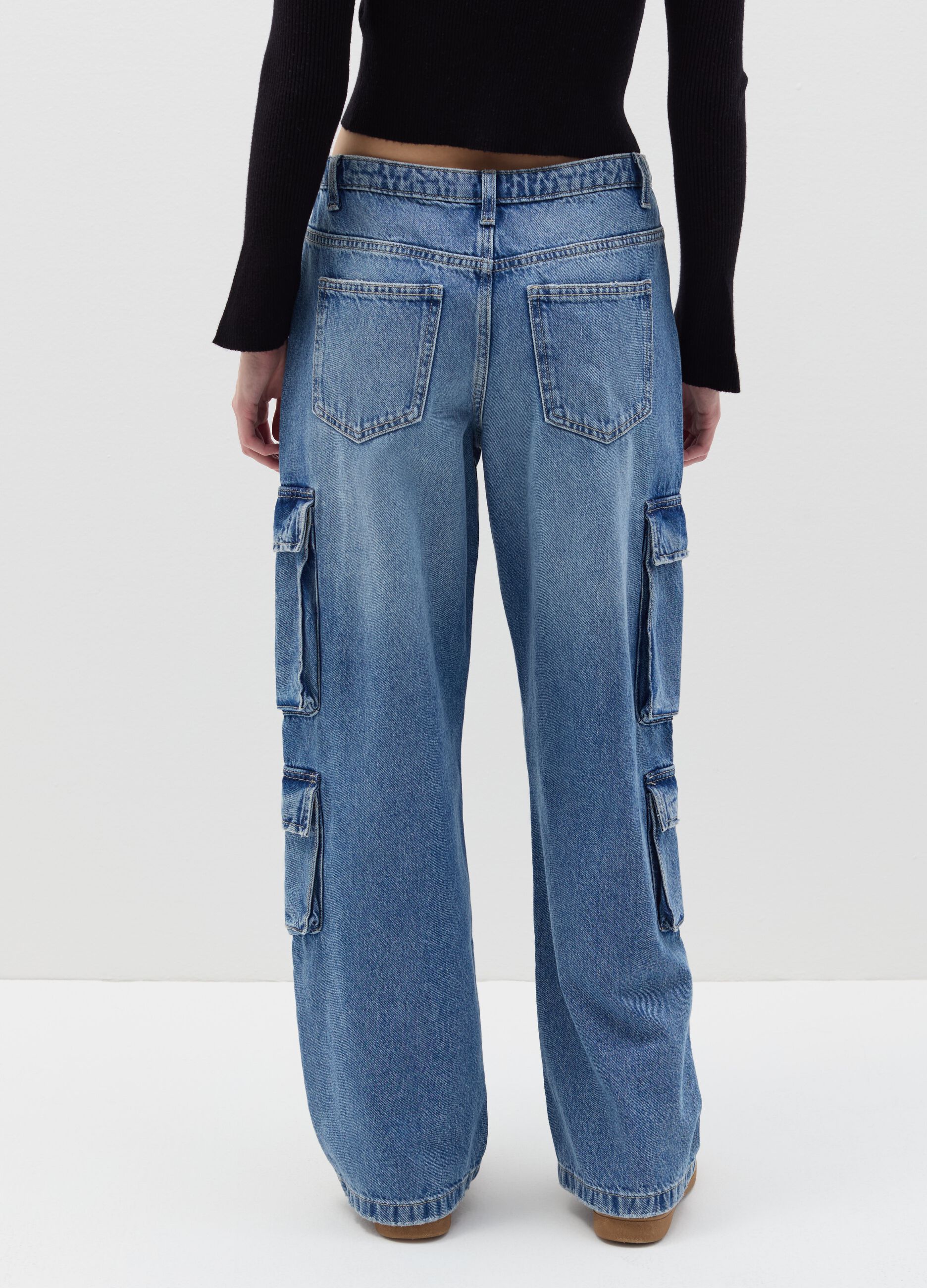 Acid wash cargo jeans with multiple pockets