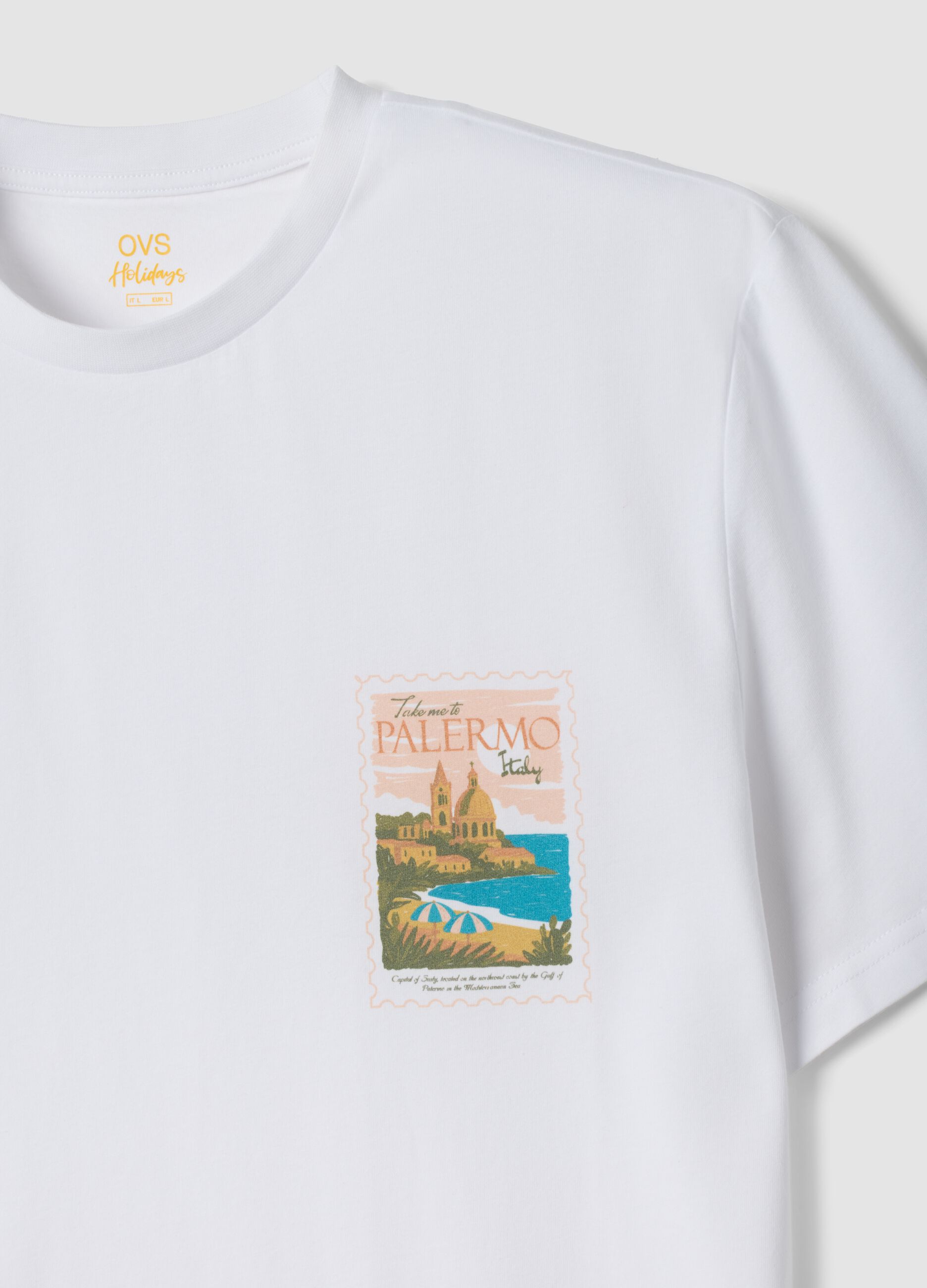 White pure cotton T-shirt with chest print, regular fit