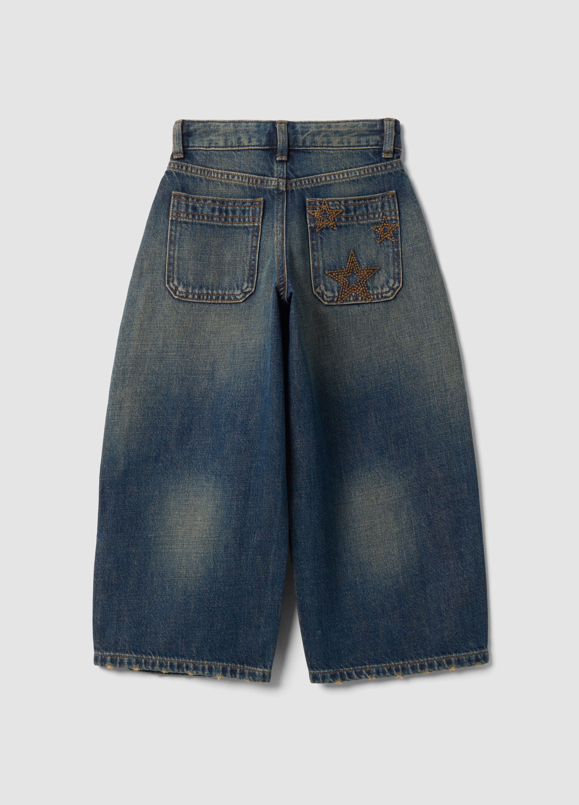 Blue denim balloon-fit pure cotton jeans with star embroidery for girls