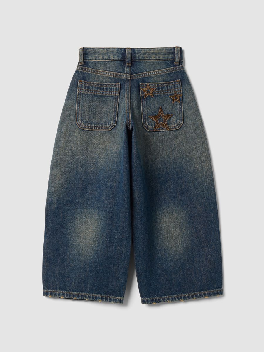 Blue denim balloon-fit pure cotton jeans with star embroidery for girls_1