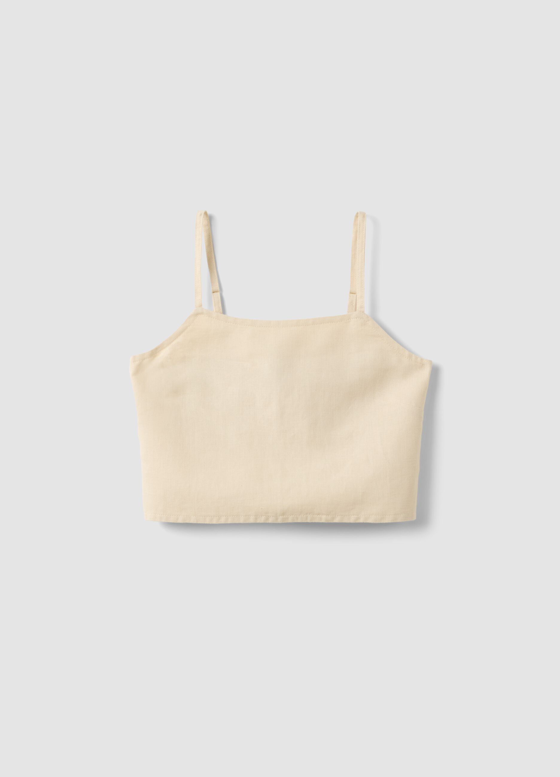 Girls' slim fit beige short top in linen and cotton blend