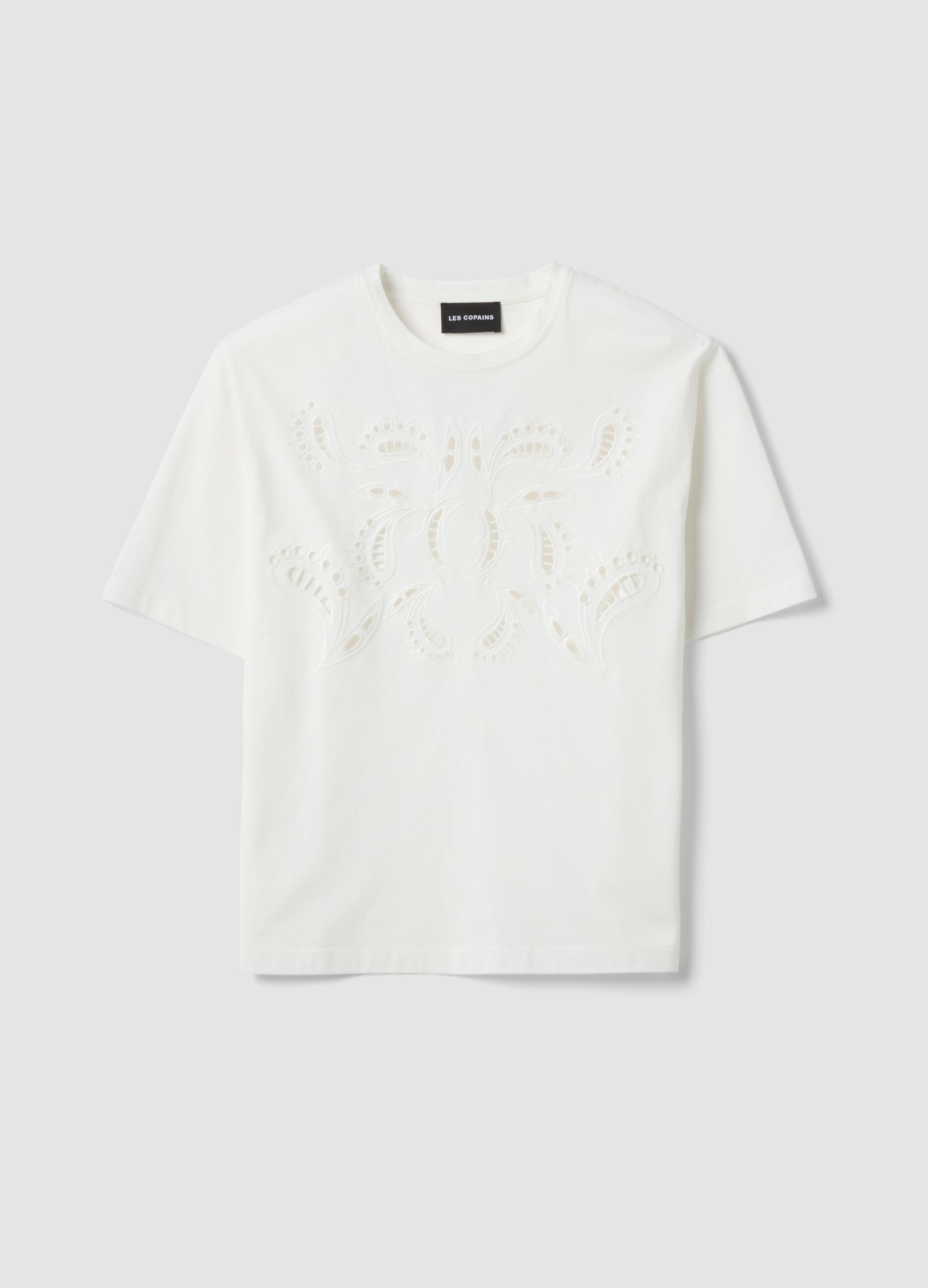 White pure cotton regular-fit T-shirt with broderie anglaise embroidery