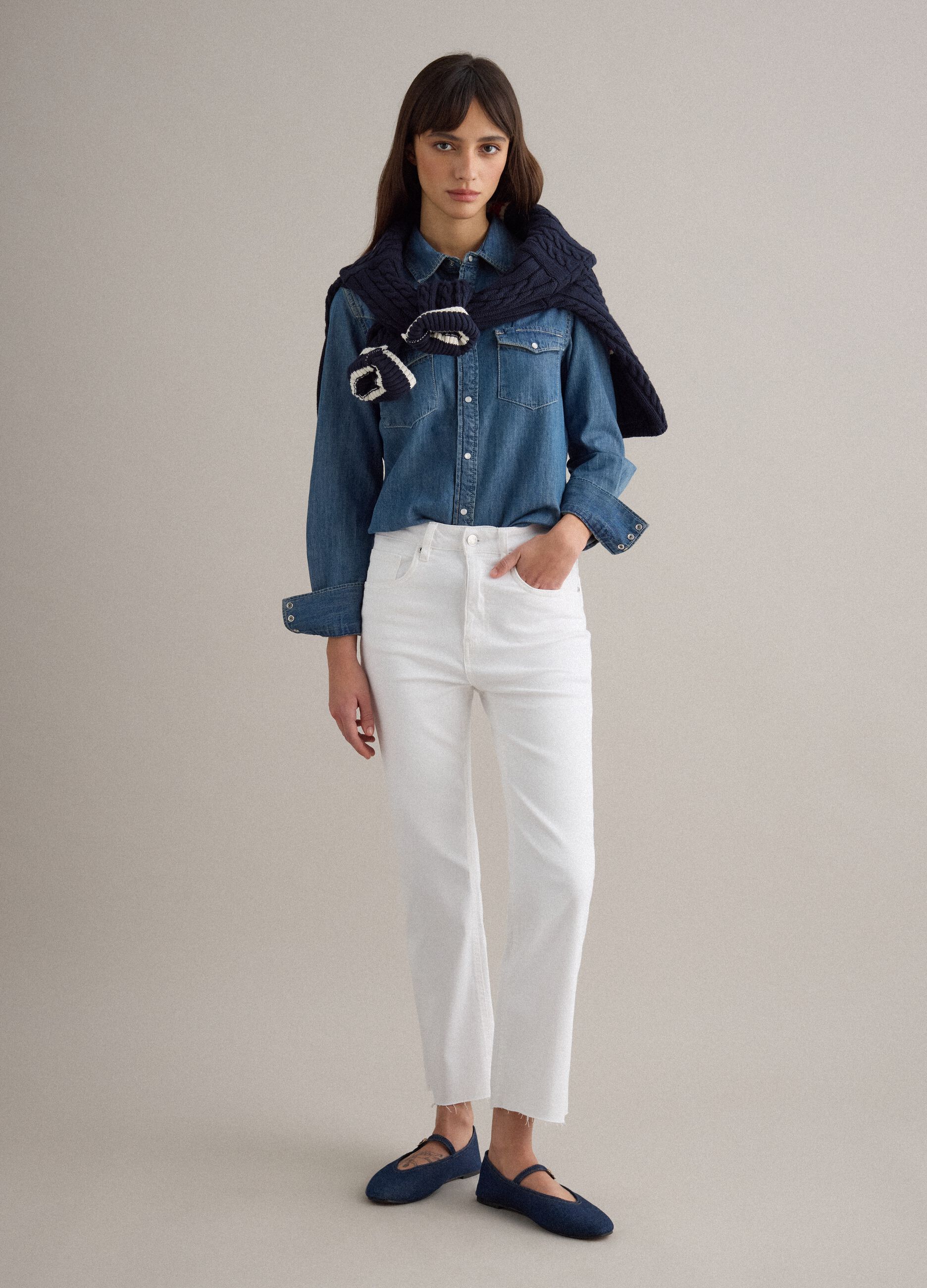 White Stretch Cotton Flare Jeans